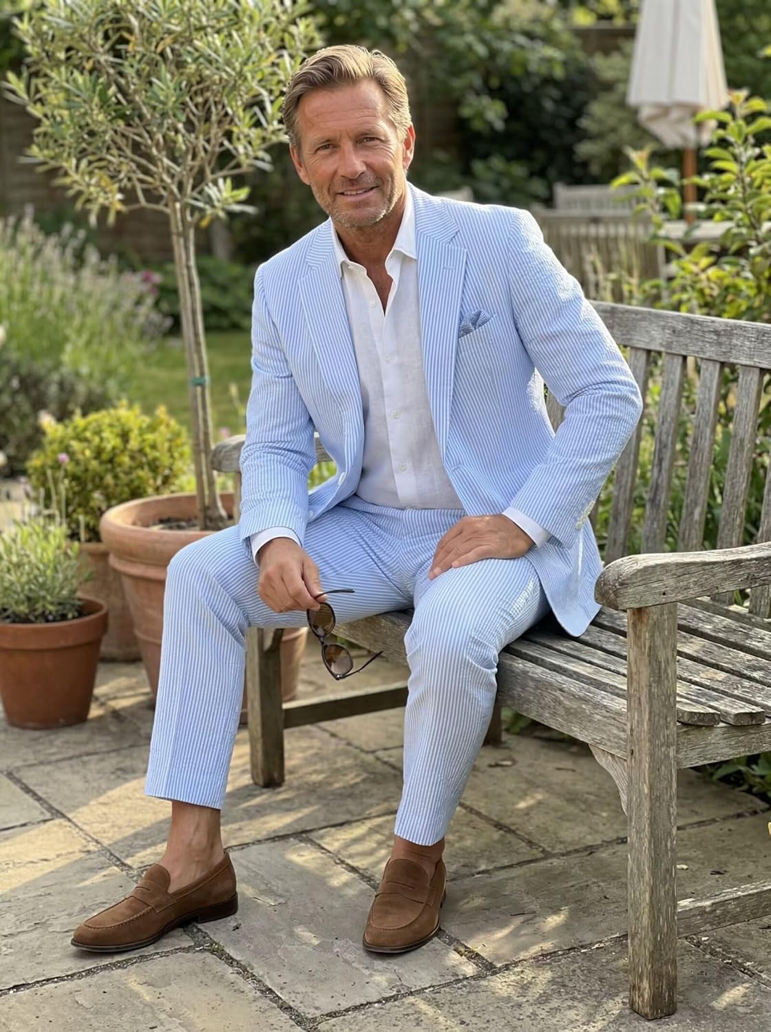 Seersucker Suit Mens 2 Piece Summer Beach Wedding Outfit for Men Classic Fit Casual Sear Sucker Suit for Grooms Prom Party