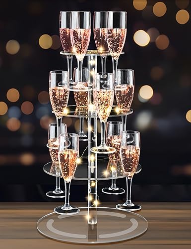 NiHome 3-Tier Clear Acrylic Champagne Tower with String Light, 12-Glass