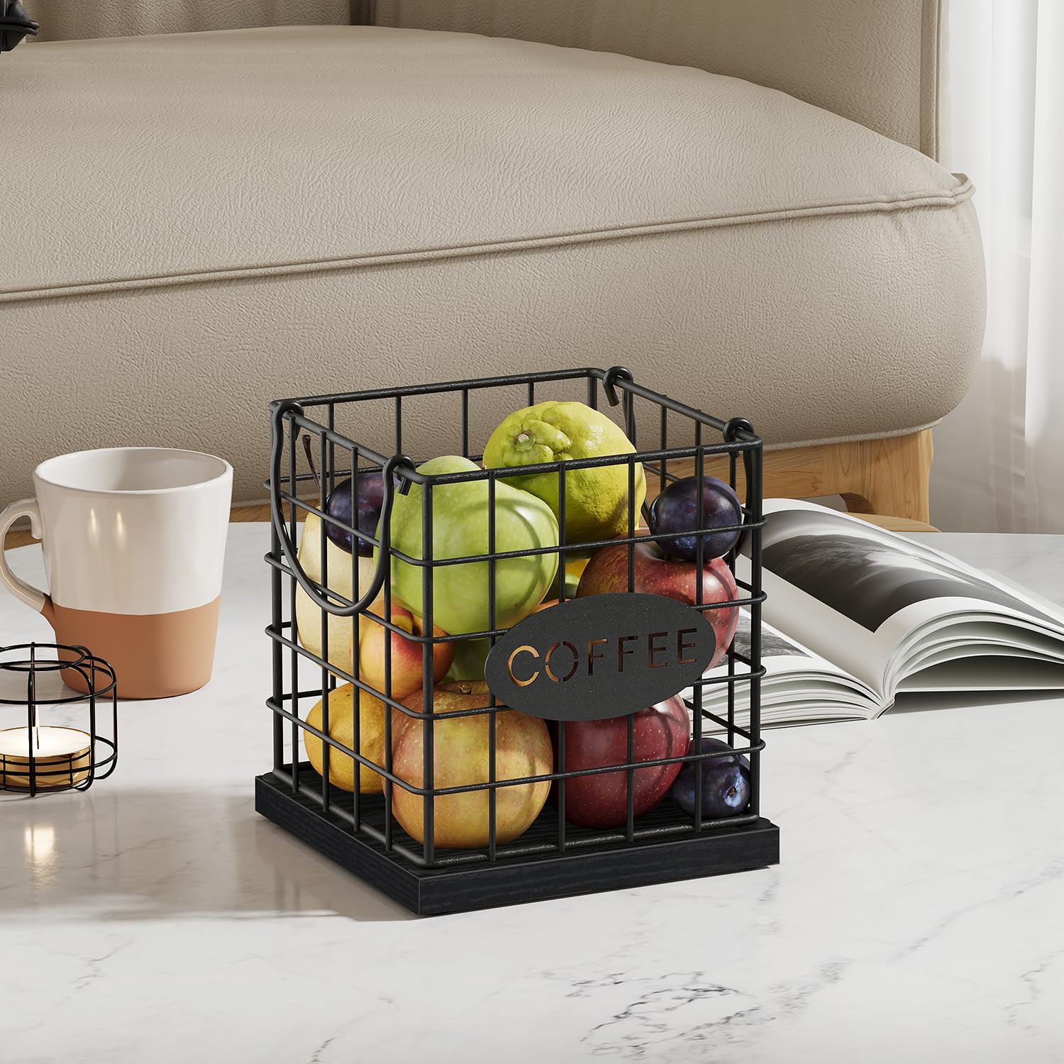YINMIT K Cup Holder Organizer, Sturdy Coffee Pod Holder Organizer, 35 Kcup Large Capacity Storage Basket for Kitchen Counter and Office Desktop (Black-Square with Handle)