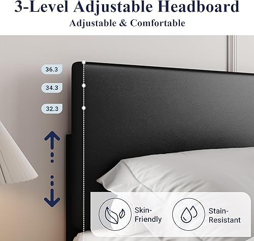 Miniatura 4 de Allewie - Base de cama tamaño King con cabecera ajustable, plataforma de cama de piel sintética con listones de madera, base de colchón resistente,