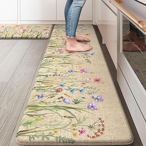 Miniatura 19 de KIMODE Tapete Antifatiga de Cocina para Piso, Juego de 2 Alfombras de Cocina Florales Estilo Granja, Tapetes de Piso de Cocina Antideslizantes,