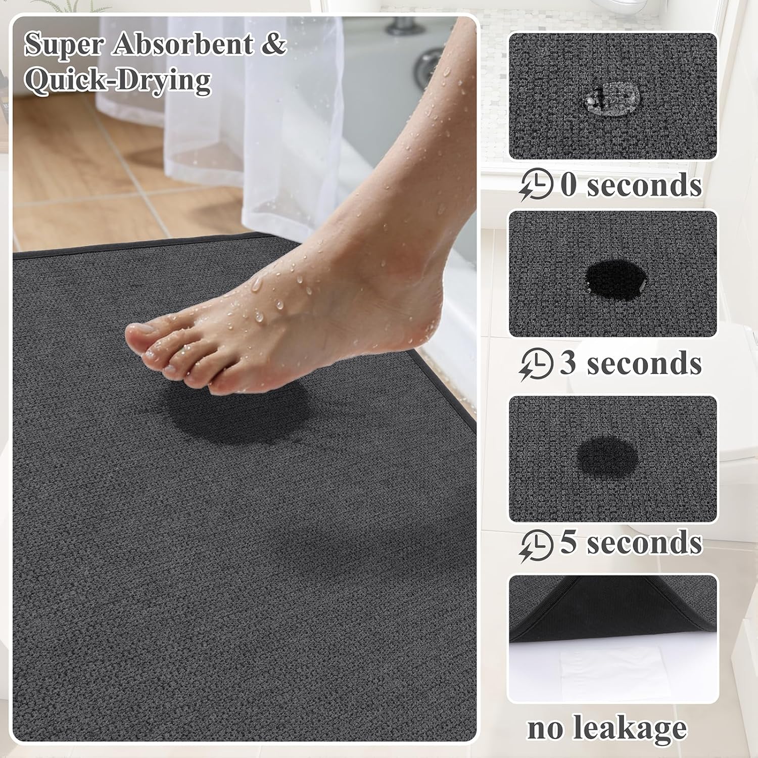 Ileading Bathroom Rugs Sets 3 Piece Non Slip Washable, Absorbent Quick Dry Thin Bath Runner Rug, U Shaped Toilet Mat for Shower Tub Sink Kitchen Laundry (Dark Gray)