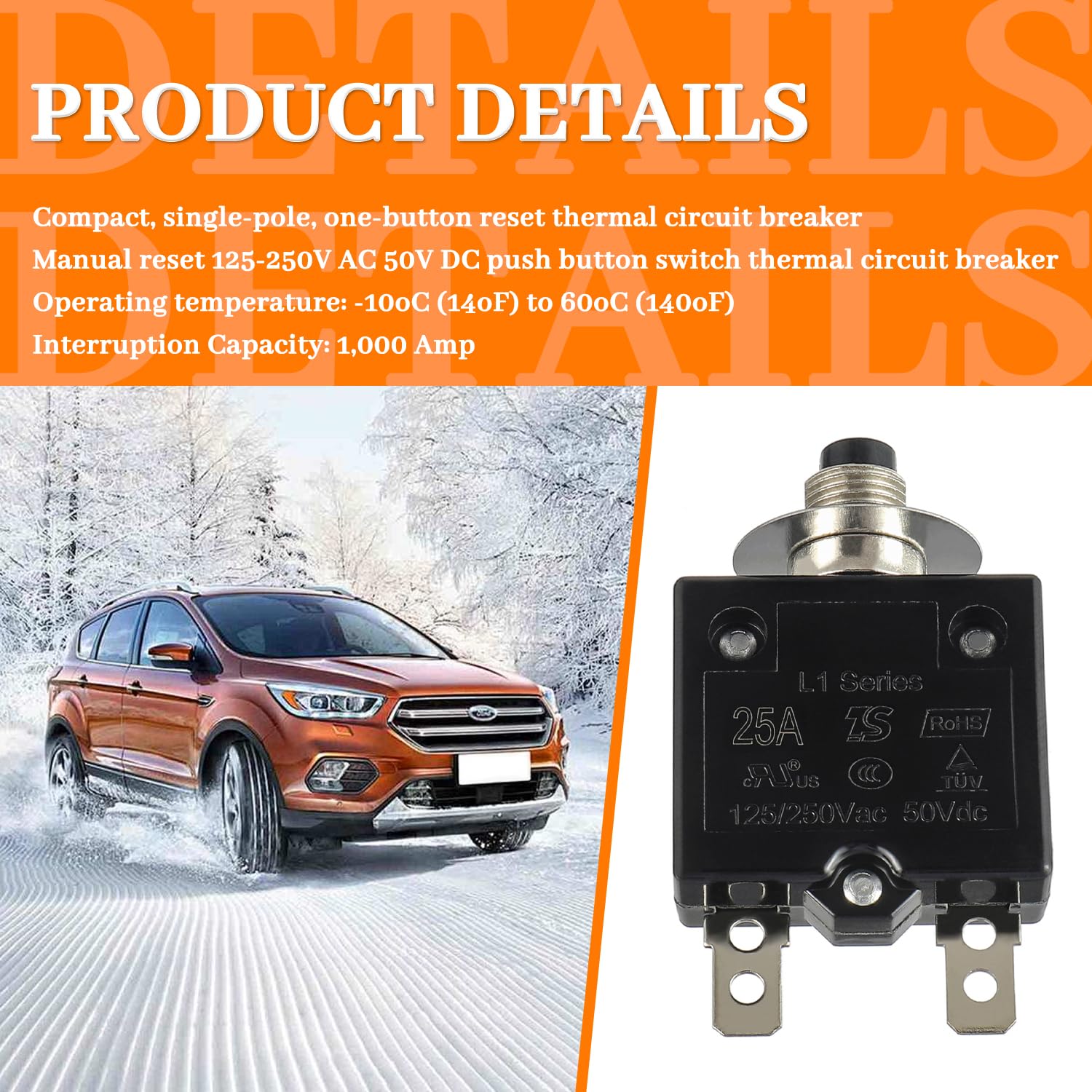 HUWREW 25 Amp Push Button Circuit Breaker 125-250V AC 50V DC L1 Series Manual Reset Thermal Circuit Breaker 25A Thermal Overload Protector - Image 3