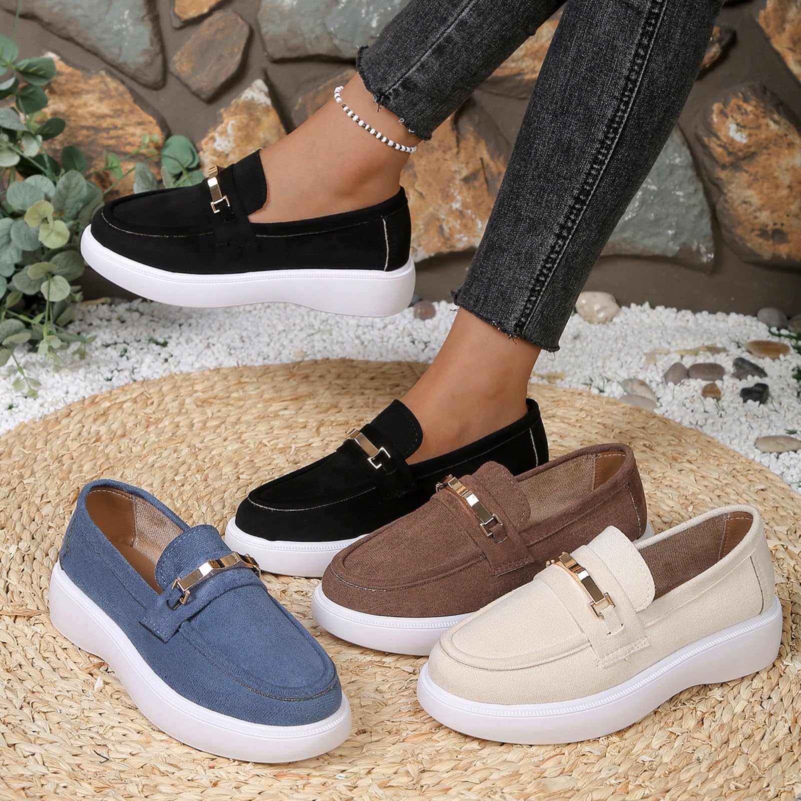 Mocassini classici da donna in metallo, con plateau, in finta pelle scamosciata, senza lacci, stile casual, per ufficio e guida, Beige, 40 EU