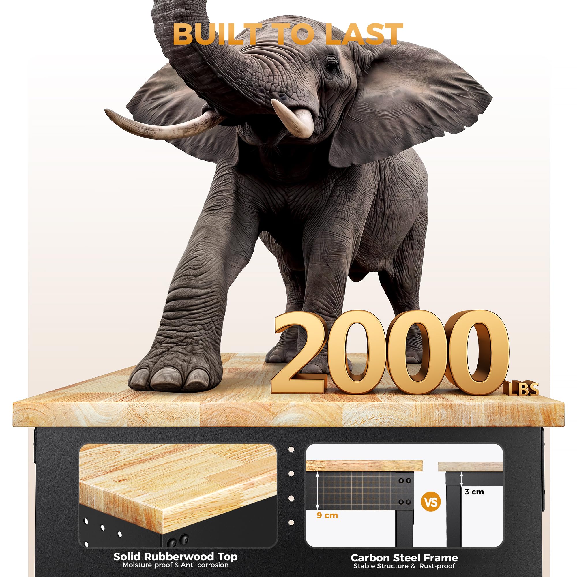 Banco da lavoro regolabile per carichi pesanti, 121 x 60 cm, capacità di carico 907,2 kg, tavolo da lavoro in legno di gomma con pannello forato, presa multipla integrata, 6 altezze regolabili, banco