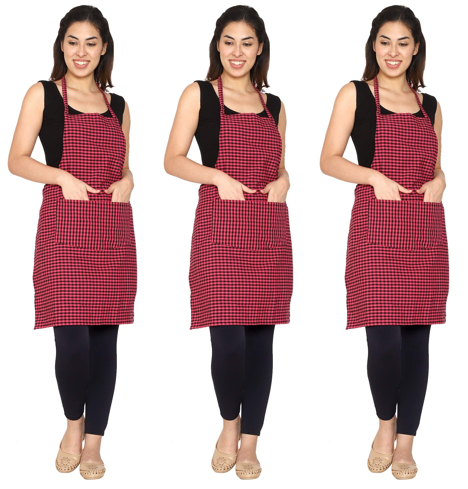 Gowri Tex Cotton Kitchen Apron Sized 65cm in Width & 80cm in Length with 1 Center Pocket, Adjustable Buckle on Top and 2 Long Ties On Both 2 Sides. Pack of 3 Piece apron (Red Checked)