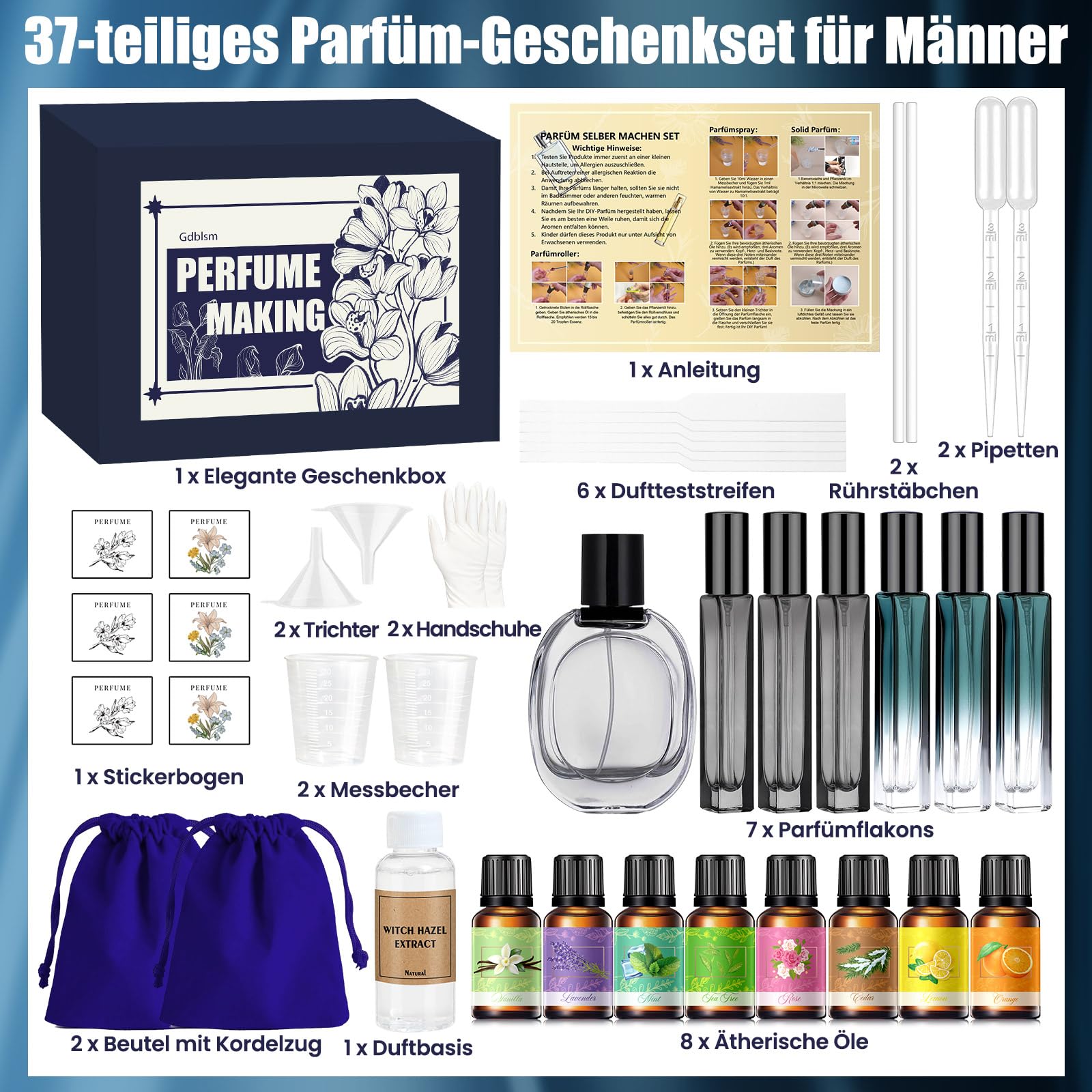 Parfüm Selber Machen Set für Herren DIY Eau de Cologne Herstellungsset mit ätherischen Ölen