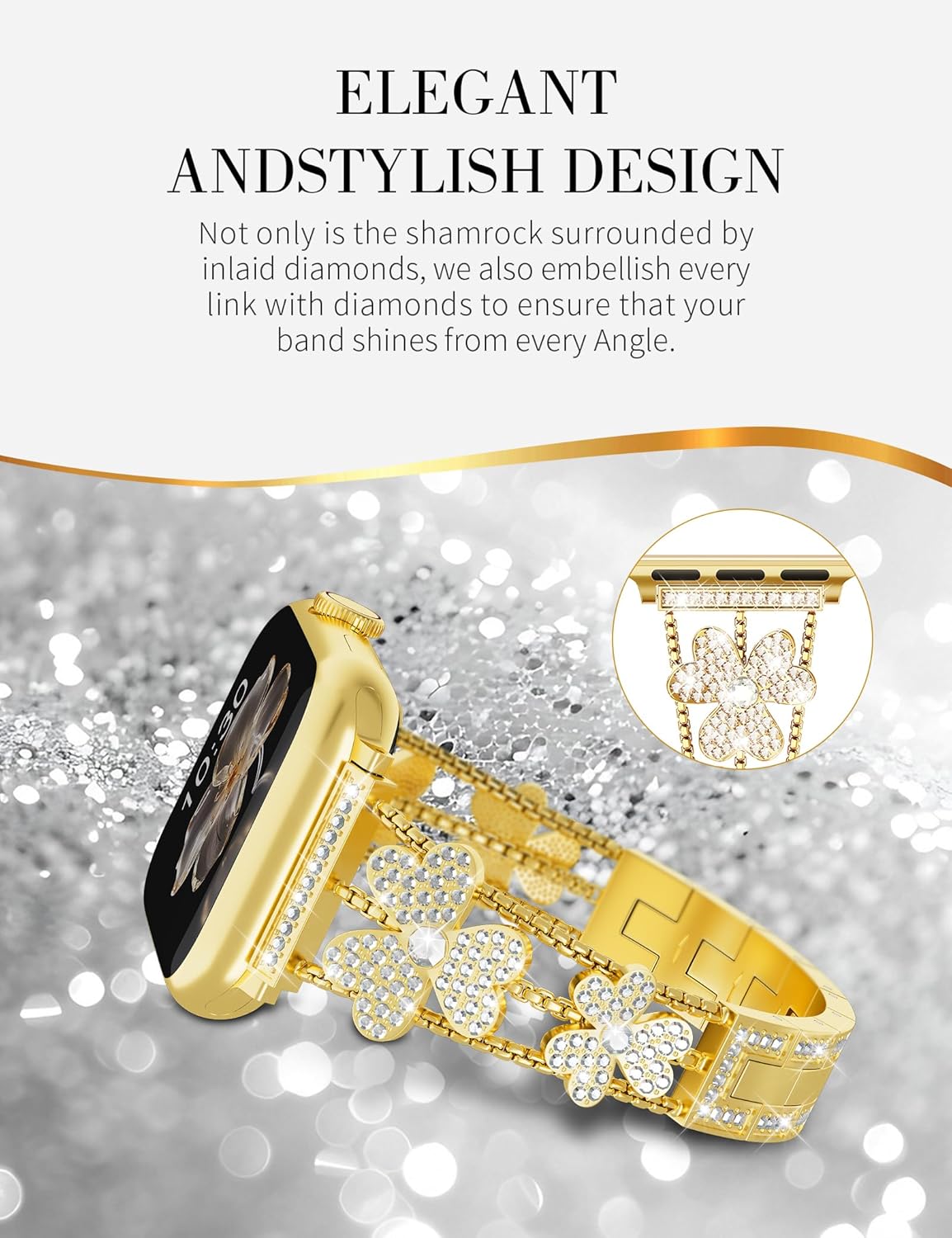 Diamond Metal Strap Compatible with Apple Watch Band for Women 38mm 40mm 41mm 42mm 44mm 45mm 46mm 49mm, Simple Fashion Lucky Clover Bracelet for iWatch Series 10/9/8/7/6/5/4/3/2/1 SE Ultra - Image 4