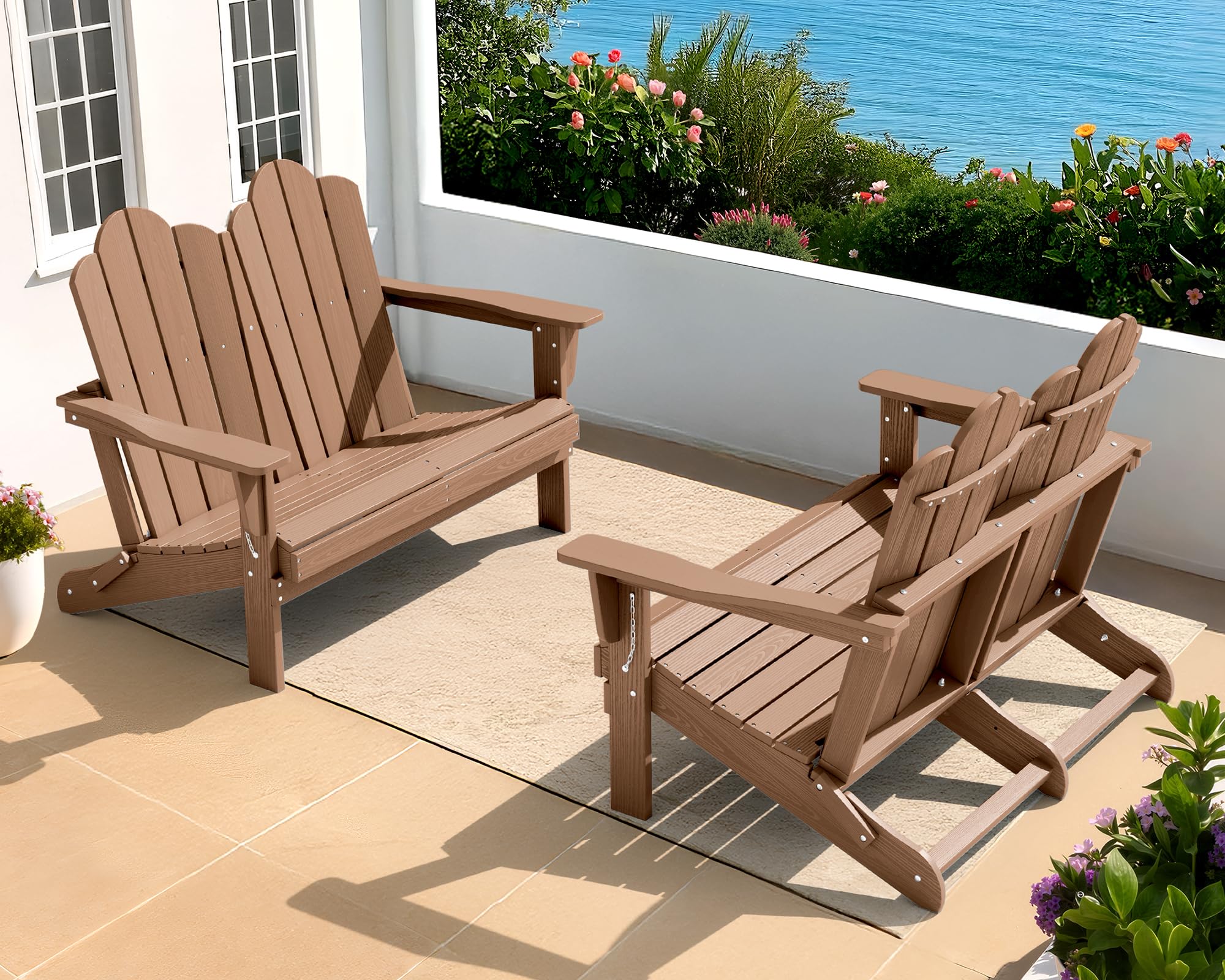 SERWALL HDPE All-Weather Folding Adirondack Bench Set of 2, Brown