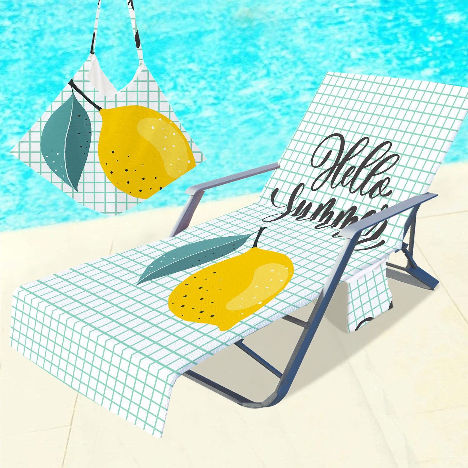RRrawgff Beach Towel with Pockets for Loungers, Lemon Pattern Beach Chair Cover Towel Fitted Microfiber Sunbed Towel Sun Lounger Towels for Summer Outdoor Garden Pool Vacation (Yellow Lemon)