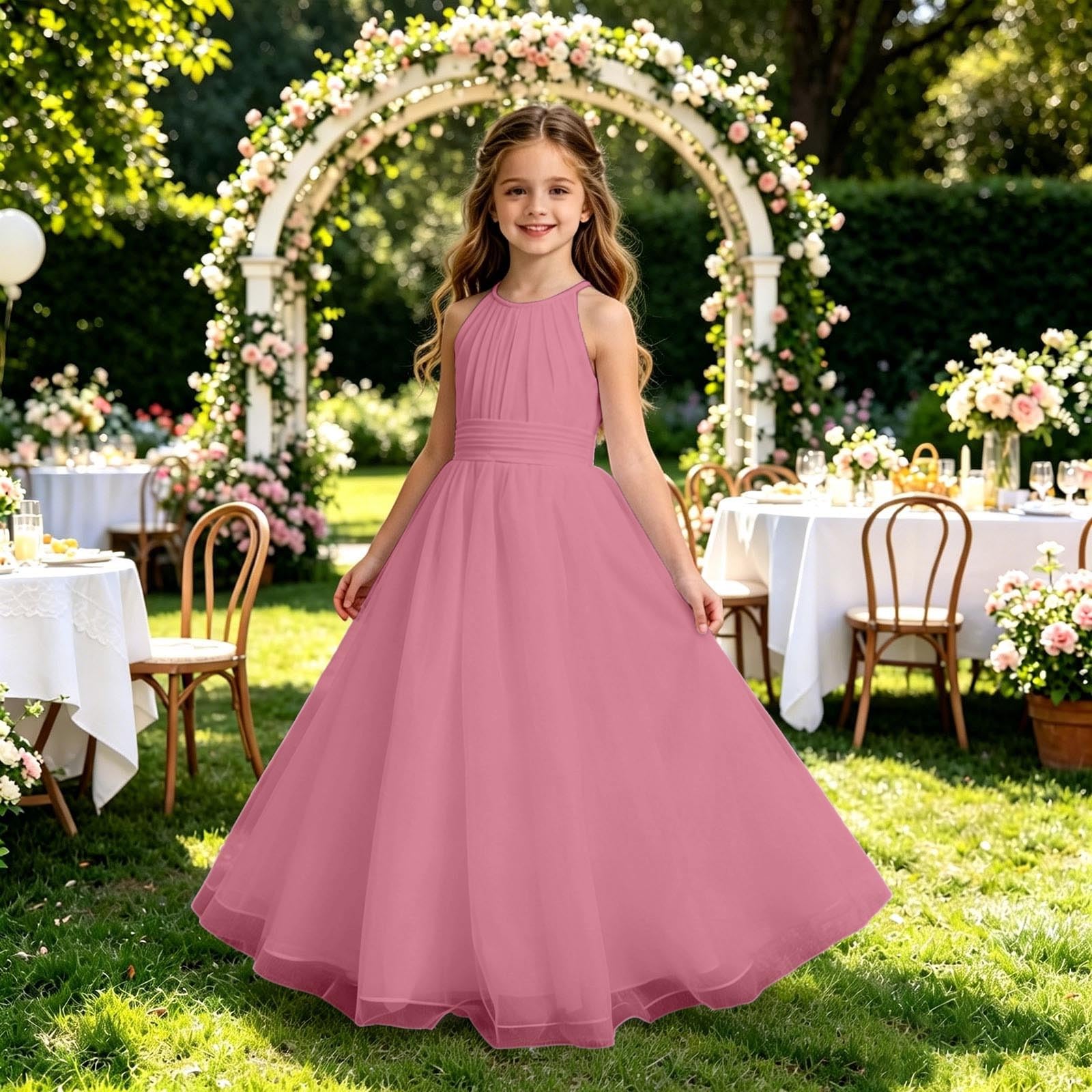 Generisch Kleider MäDchen Festlich - Ärmelloses Chiffon-Sommerkleid für Elegantes Partykleid für 2-13 Jahre bequem atmungsaktiv festlich Rundhalsausschnitt Trägerdesign luftig