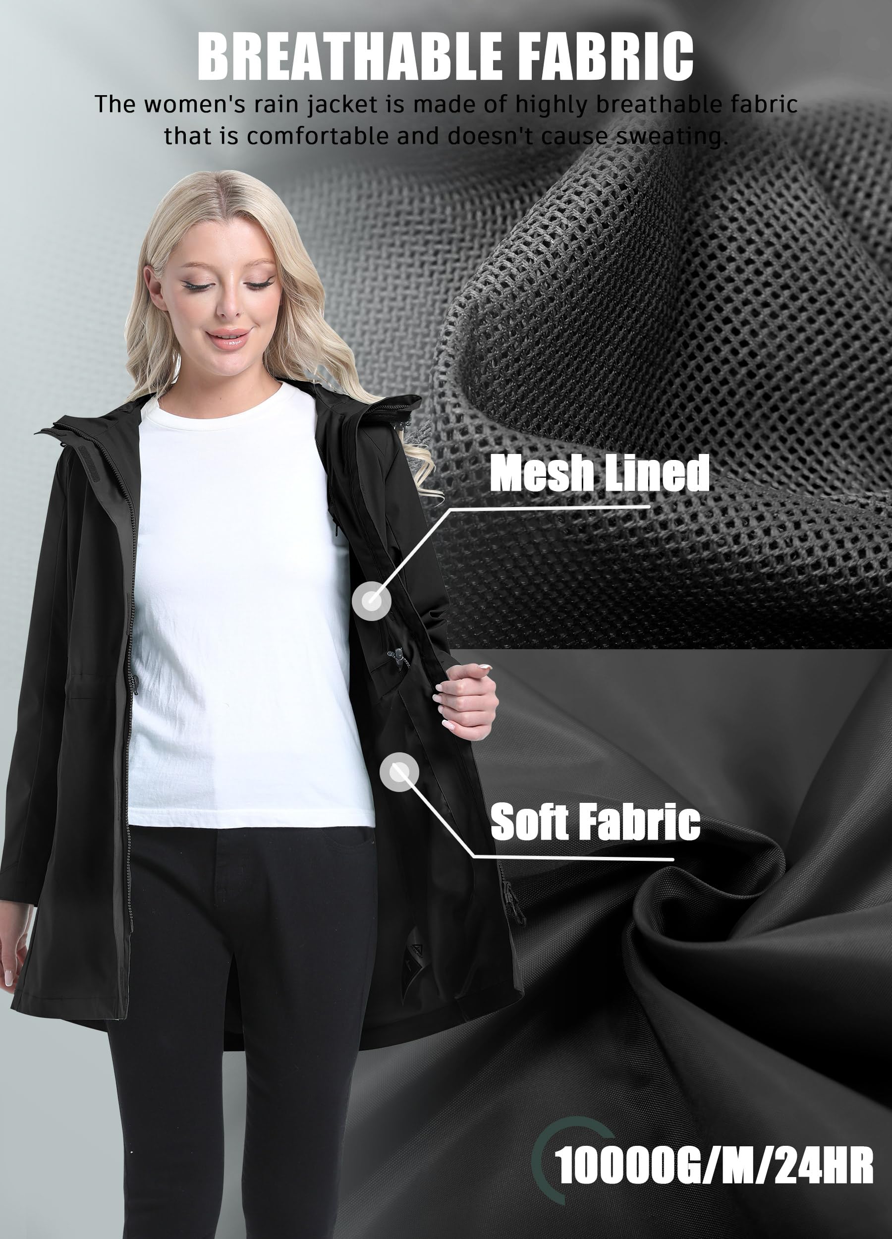 ATLASLAVA Regenmantel Damen Regenjacke wasserdicht Lang mit Kapuze Gefütterte Mantel Windbreaker Leicht Outdoor Jacke S-3XL