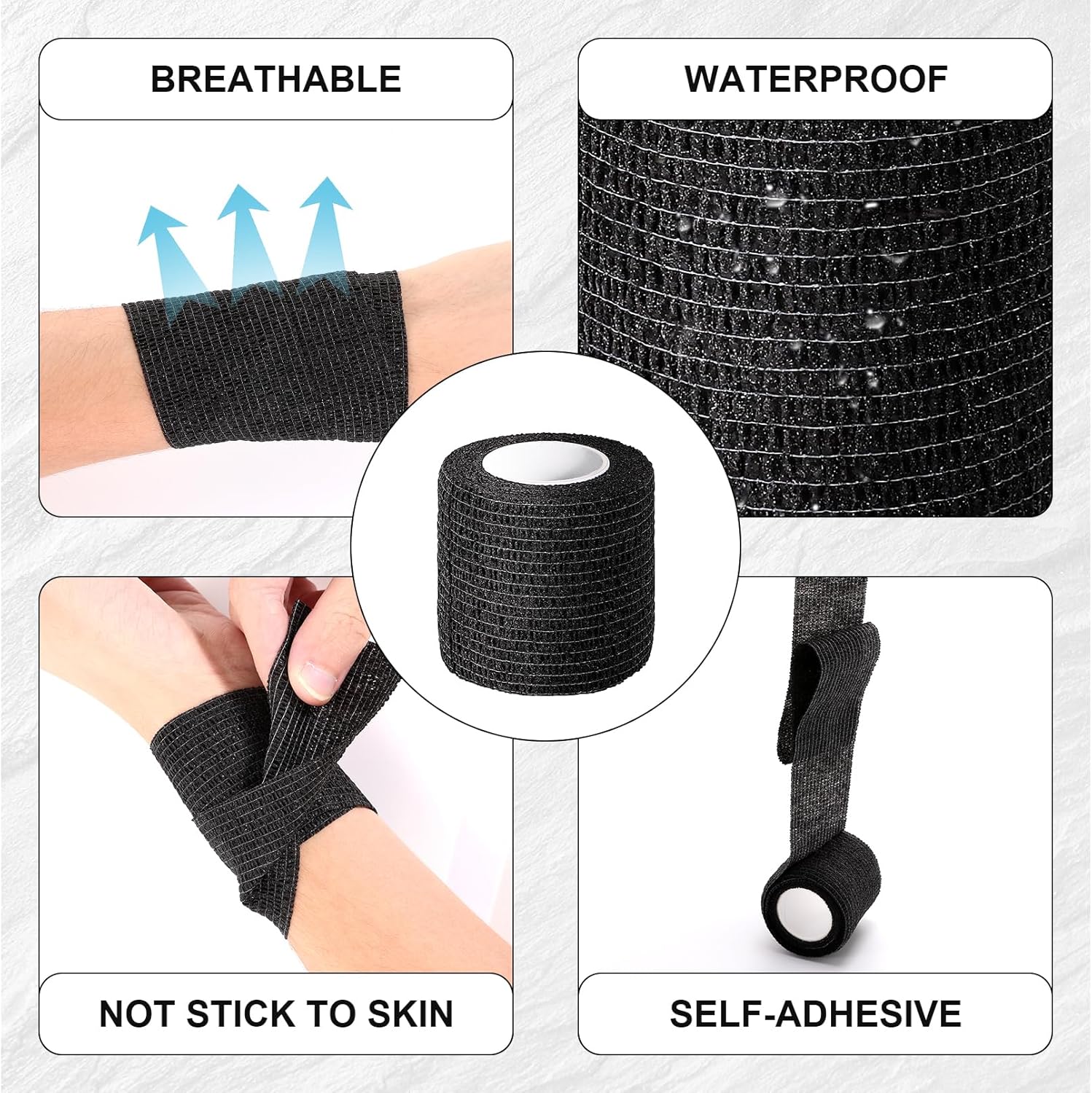 Self Adherent Cohesive Wrap Bandages,64 Pack Black Athletic Tape,Self Adhesive Bandage Wrap 2 Inch x 5 Yard,Elastic Cohesive Bandage Wrap,Breathable Sports Wrap for Wrist Ankle,Vet Wrap for Pet