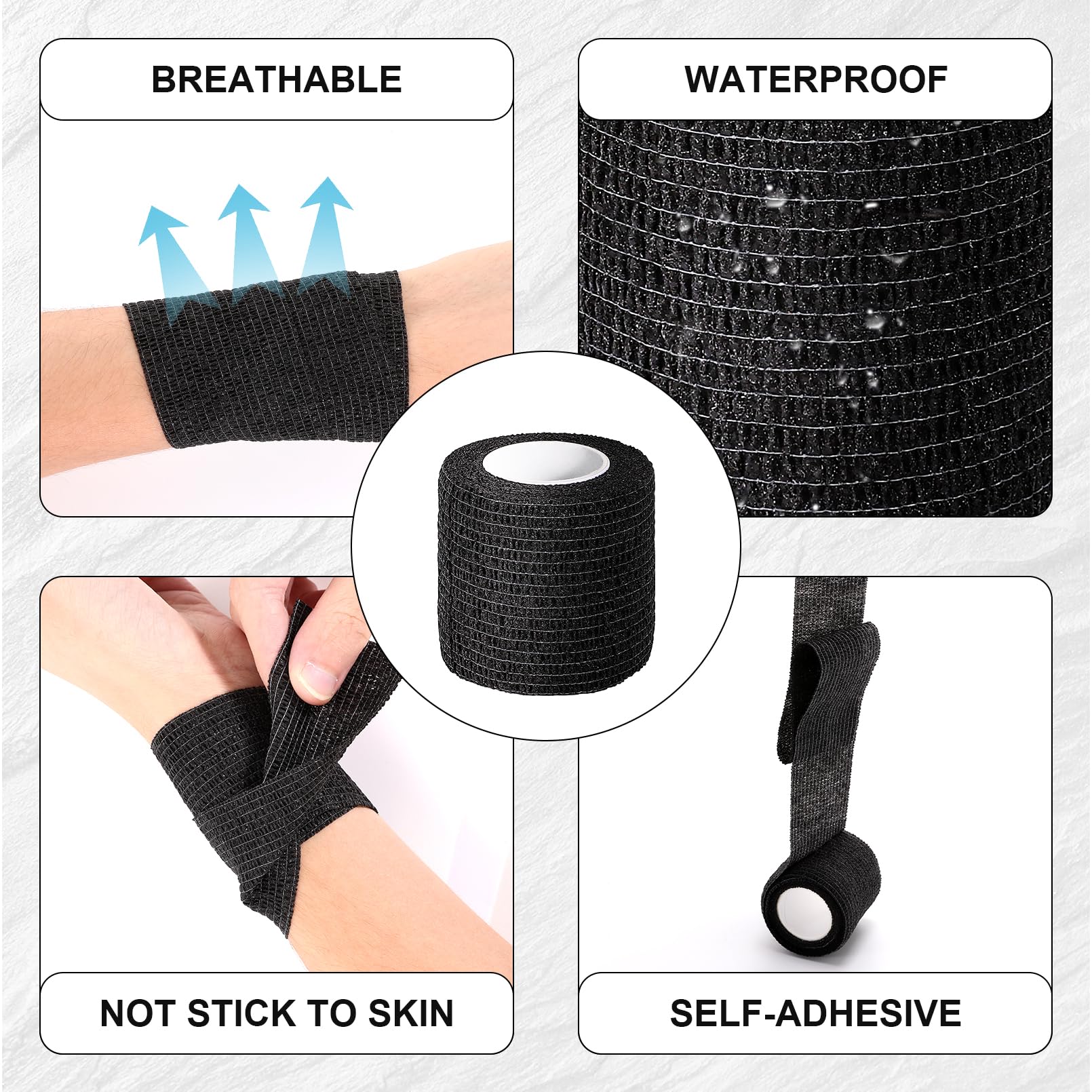 Selbstklebende kohäsive Bandagen, 64 Stück, schwarzes Sportband, selbstklebende Bandage, 5,1 cm x 4,5 m, elastische kohäsive Bandage, atmungsaktiv, Größe S