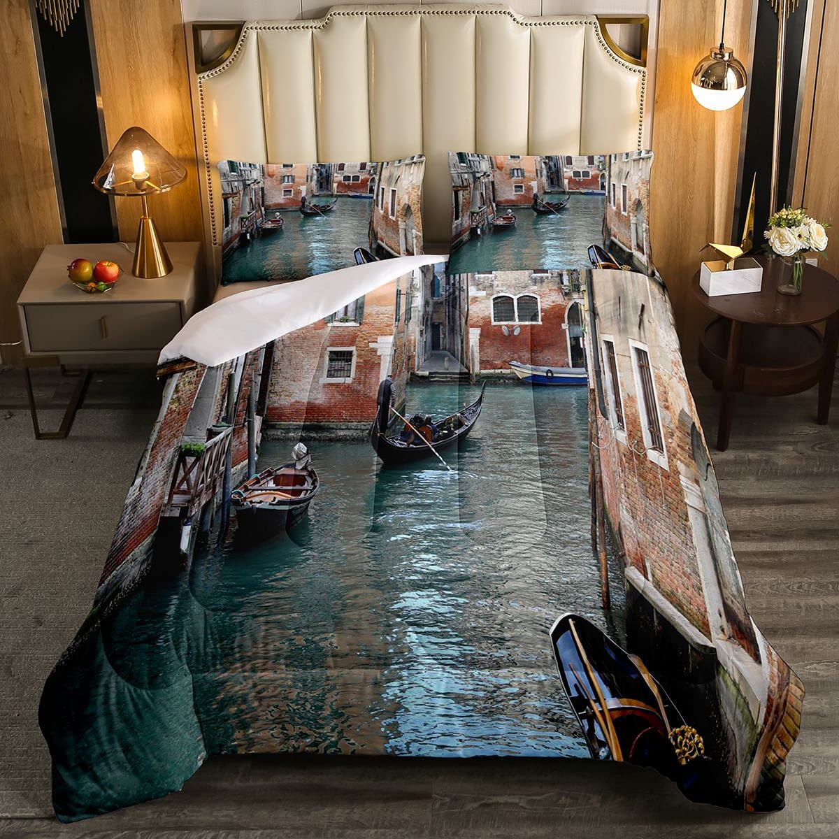 Loussiesd European Soft Duvet Venice Cityscape Narrow Water Canal Building Traditional Old Buildings Bedding Set Vintage Green Brown with 2 Pillowcases 3Pcs Bedding Double — image 1
