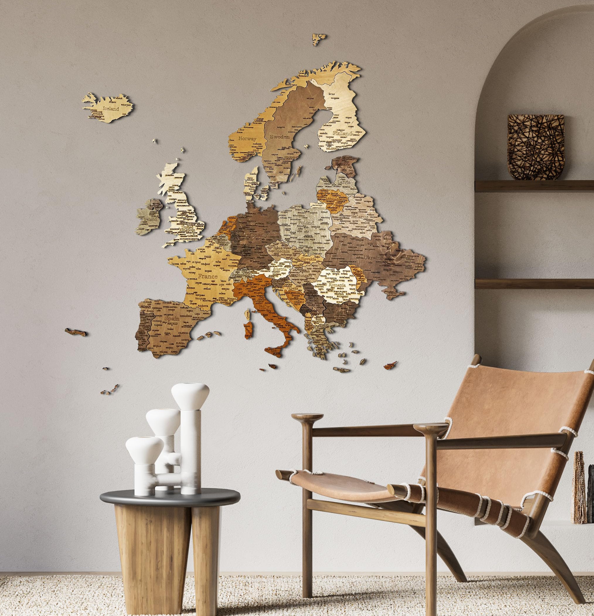 Natura Products 3D Mapa Europy z drewna – dekoracja ścienna w 2 rozmiarach, opcjonalnie z regionem Bliskiego Wschodu (Z regionem Bliskiego Wschodu)