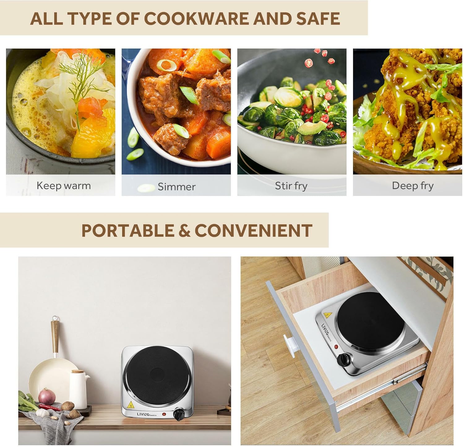Collage showing various cooking applications on the LIVINGbasics Single Burner Hot Plate: keeping food warm, simmering, stir-frying, and deep-frying. Also shows the hot plate's portability and convenient storage.
