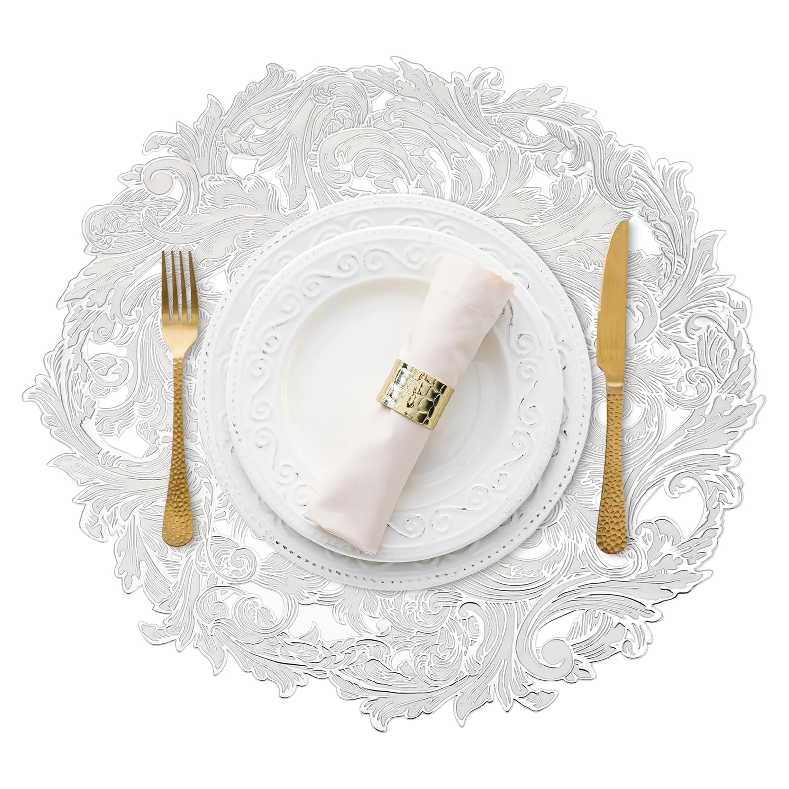 sourcing map 4Pcs Silver Round Placemats, 38cm Metallic Dinner Table Mats Hollow Floral Out Pressed Non-Slip Wipeable Hot Dish Pad Trivet Pot Rest for Dining Tables Kitchen Party Wedding Decor