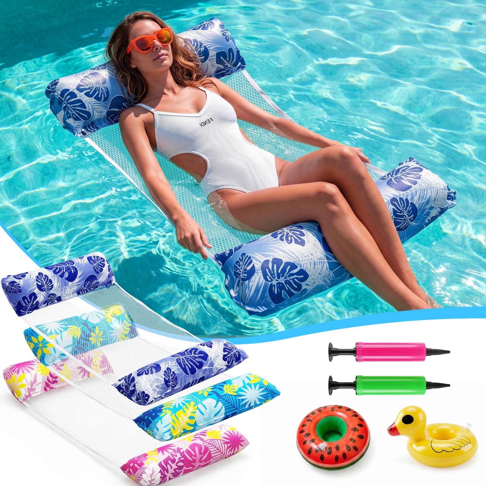 3 Stück Luftmatratze Wasser mit 2 Luftpump und 2 Getränkehalter，4 in 1 Wasserhängematte mit Netz Aufblasbare Schwimmsessel Wasser Matratze Pool Zubehör Liege Sofa Stuhl Sitz Erwachsene Kinder Stabil