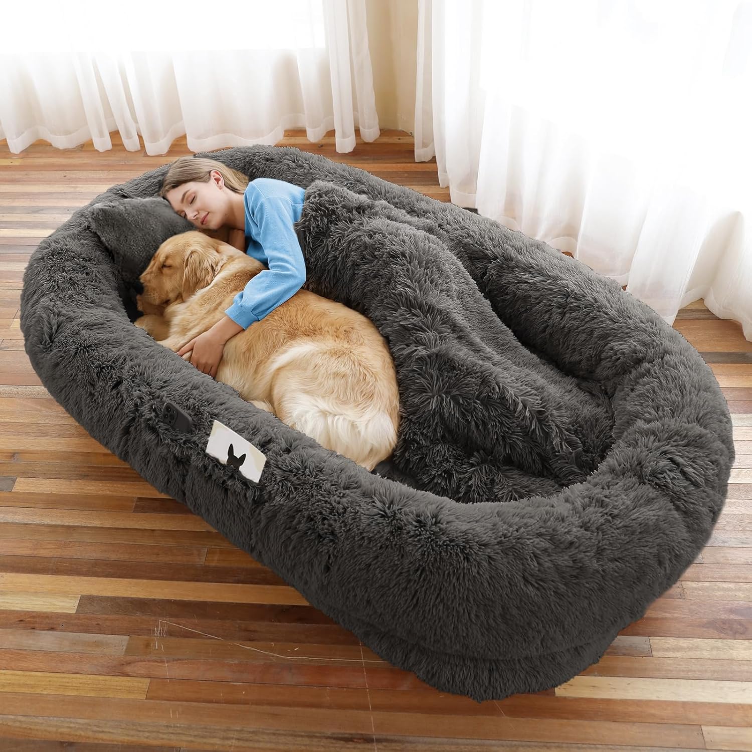 Human Dog Bed, 71''x45''x12'' Size Fits You and Pets, Washable Faux Fur Pet Bed for People Doze Off, Napping Orthopedic Dog Bed, Present Plump Pillow, Blanket, Strap - Dark Grey 71.0"L x 45.0"W x 12.0"Th Dark Grey