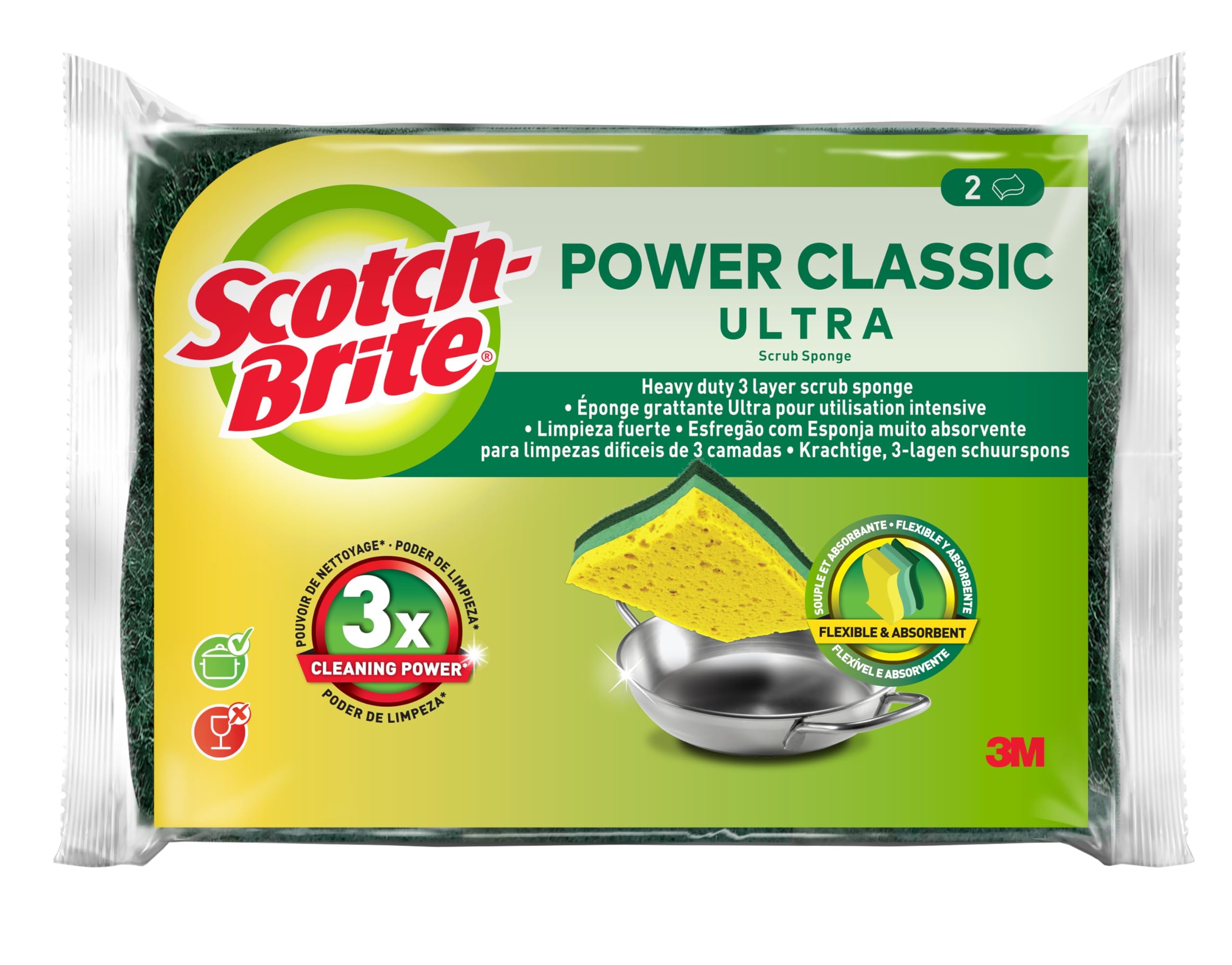Scotch-Brite Estropajo Ultra Clásico, Pack de 2 Esponjas Multiusos – No Raya, para Ollas, Sartenes, Cristal y Utensilios de Cocina Antiadherentes