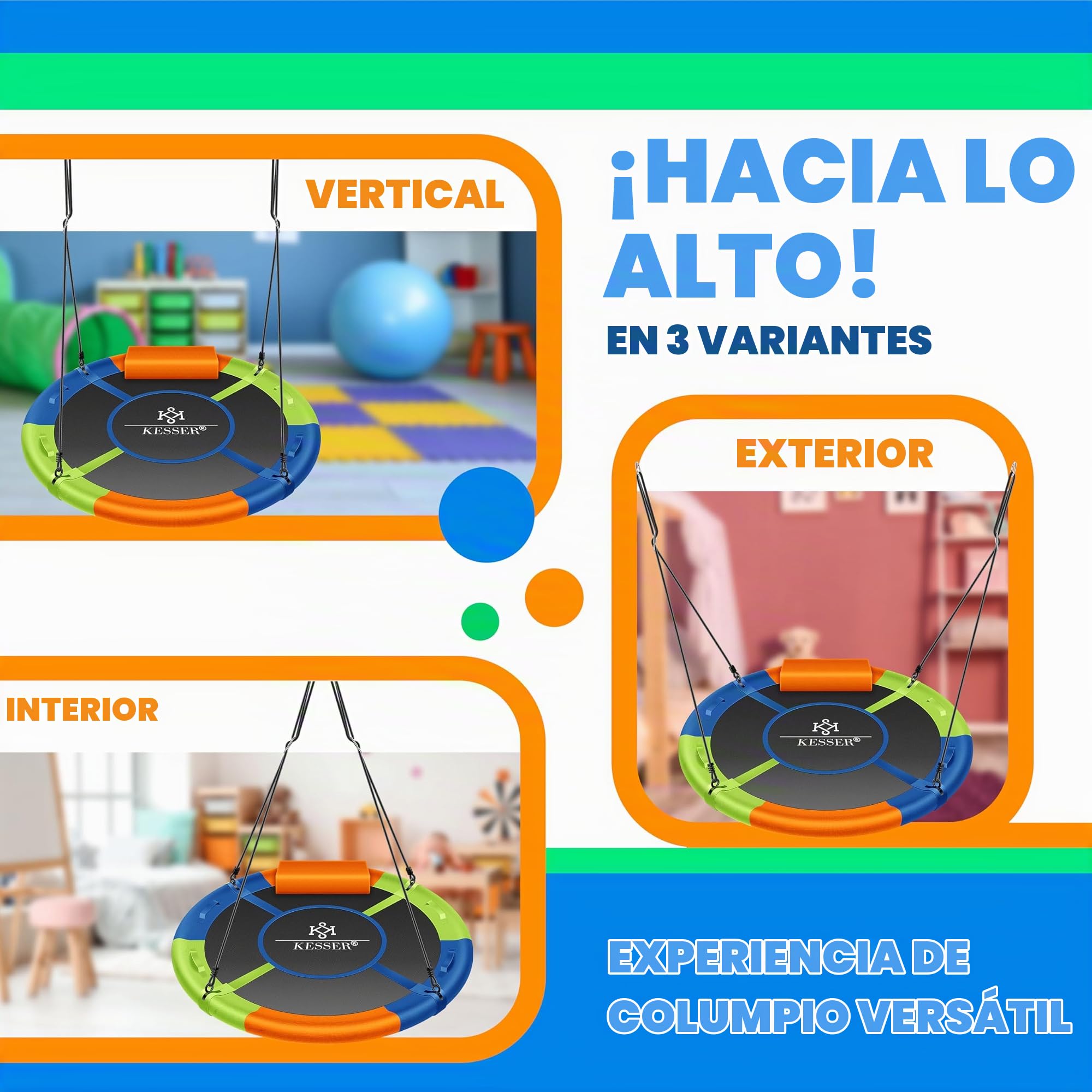 KESSER® Columpio nido, columpio redondo, diámetro de 100 cm, soporta hasta 300 kg, con cojín y 4 asas, ajustable, para interior y exterior, para niños y adultos, multicolor