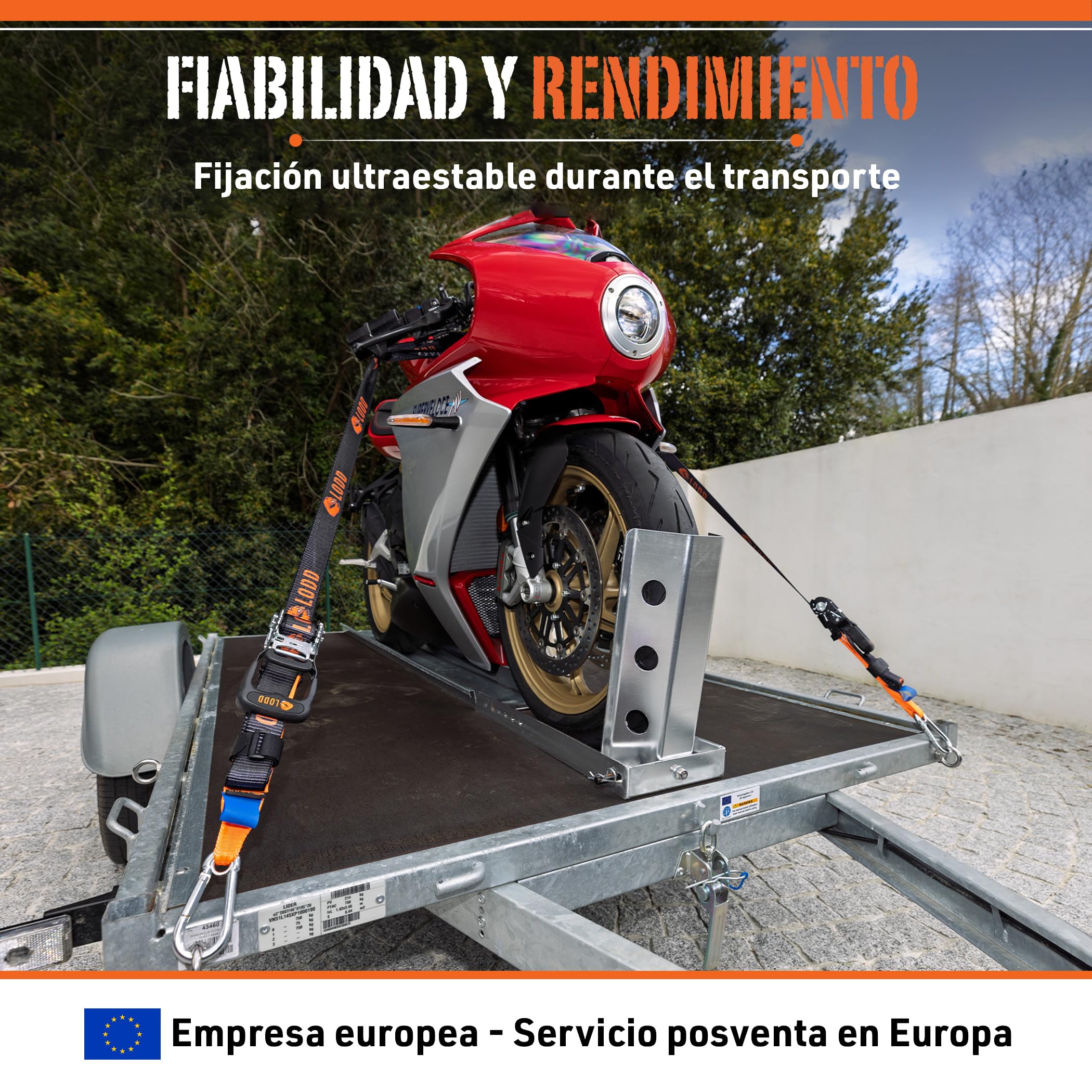 LODD – Correas Moto, Anclaje al Manillar con Manguitos Compuestos Reforzados, Carraca Ultrarresistente, 38 mm, 1.500 kg, Mosquetones de Acero, Remolque, Carretera y Deportivas – Maletín Incluido
