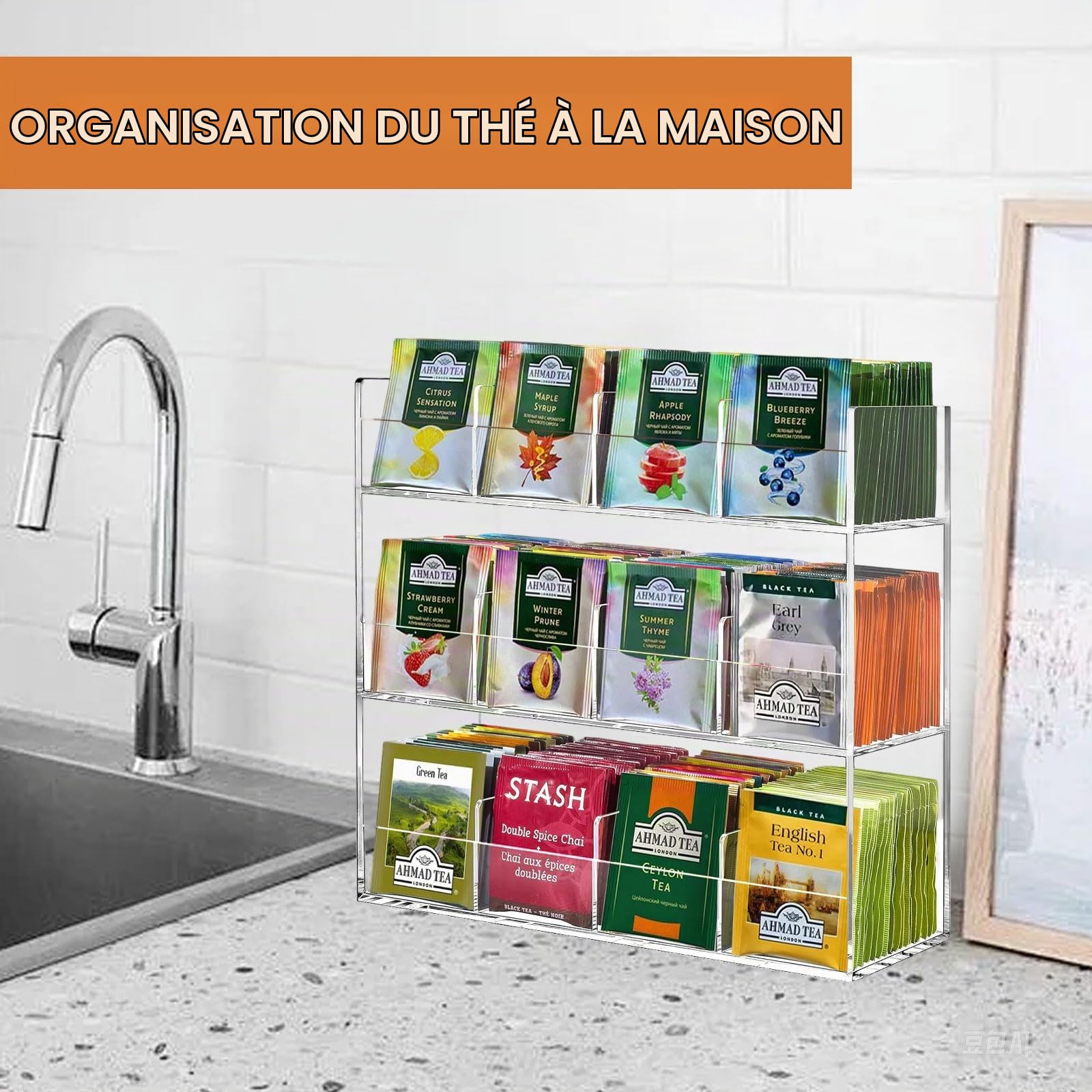 mumisuto Boite a The en Acrylique avec 12 Compartiments pour 216 Sachet Thé, Boite à Thé Gain de Place & sans Odeur 29,6 x 9,8 x 26,4 cm, Moderne & Élégant Boite Transparente pour Le Rangement
