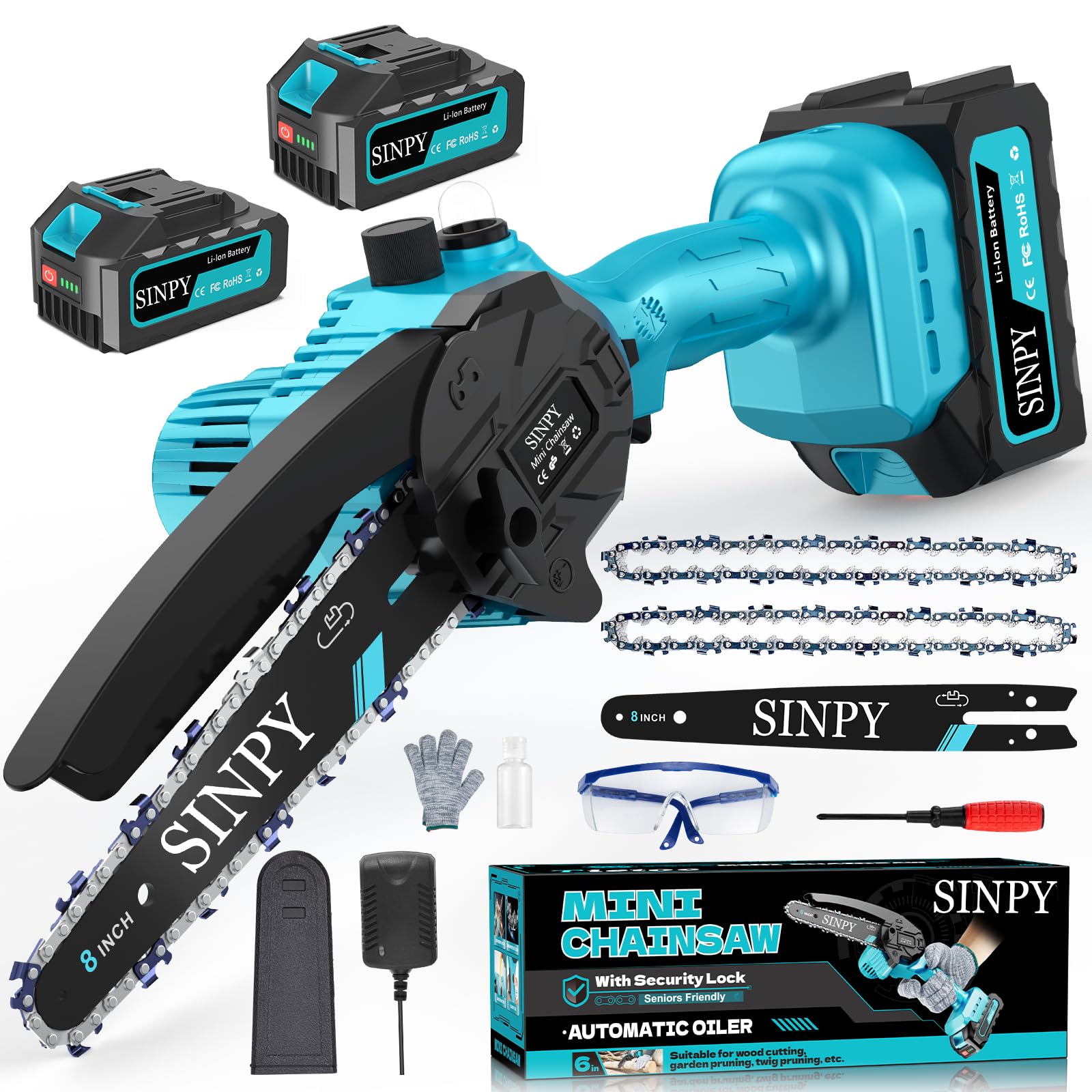 SINPY Mini Chainsaw Cordless, 6 Inch Electric Power Chain Saw with 2 Batteries & 2 Chains, Small Chainsaw with Safety Lock for Tree Trimming, Garden, Wood Cutting Gift for Men Dad Husband Fathers 2025 — view 10