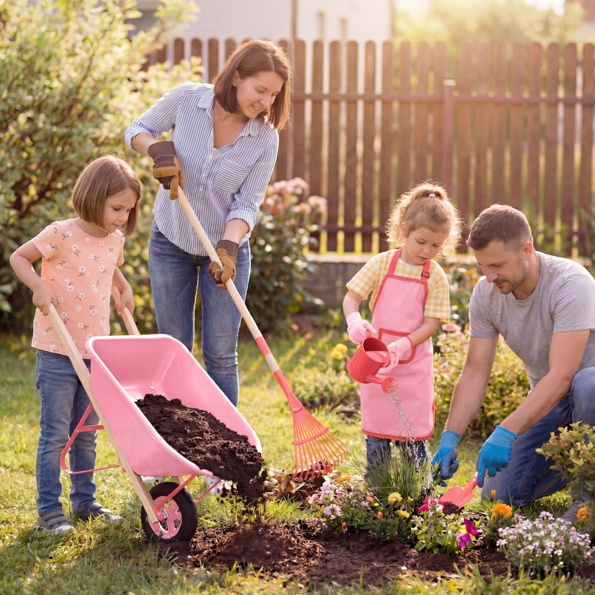Best Choice Products Set di attrezzi da giardinaggio per bambini, 8 pezzi con carriola, utensili in metallo, annaffiatoio, grembiule e guanti, set da gioco per bambini da giardino per bambini dai 3