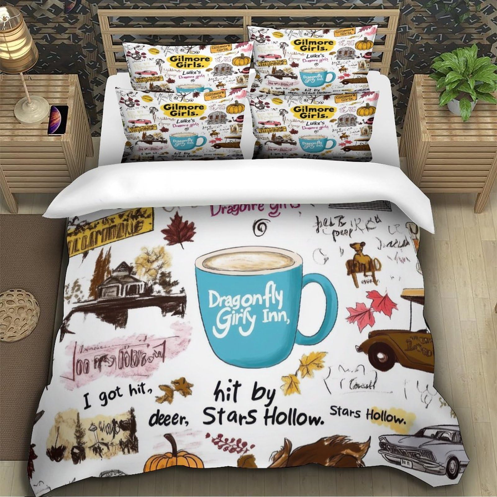 Arte di Gilmore Girls Impressione 3D 3 pz coperteletto illustrazione accogliente disegnata a mano cover piumone microfibra traspirante zip per ragazze adolescenti adulti King（220x240cm）