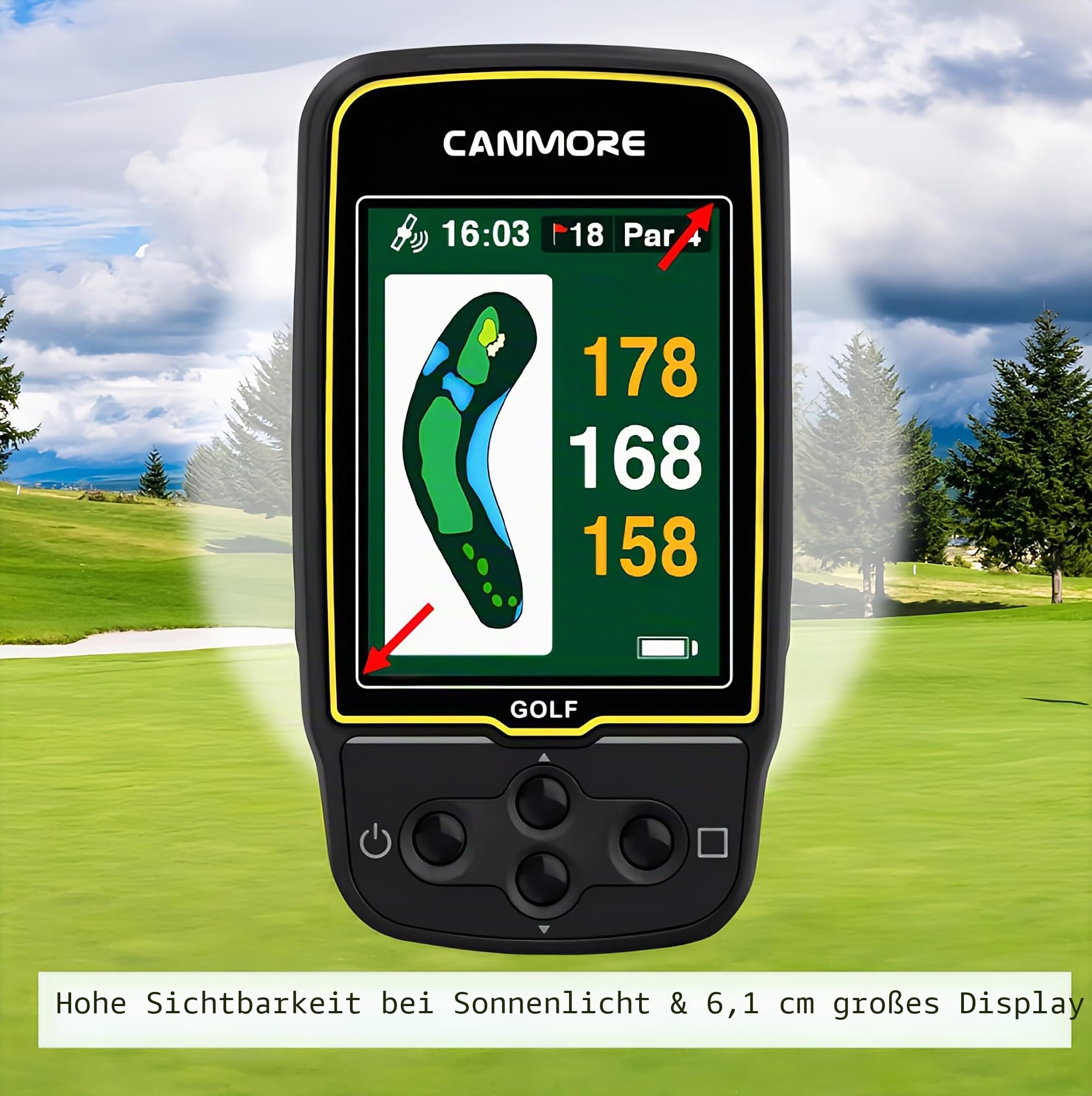 CANMORE HG500 Golf GPS – Extra großes, gut ablesbares Farbdisplay, vorinstallierte 41.000 Golfplätze weltweite Form des Grüns und des Fairways (schwarz)
