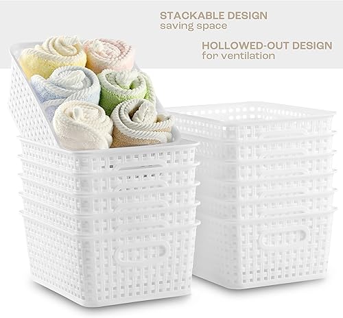 Miniatura 3 de Cestas de almacenamiento de plástico blanco, paquete de 12 cestas apilables para despensa, organizadores domésticos para baños, cocinas, estantes,