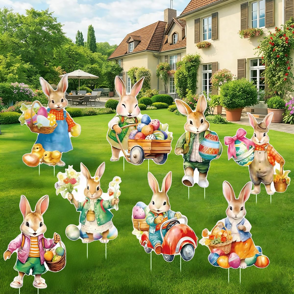 Decoración Pascua Jardín Exterior 8 Piezas Conejos de Pascua con Estacas, Decoración Primavera para Césped Patio Terraza, Adornos Pascua Exterior para Niños, Fiesta Easter Egg Hunt