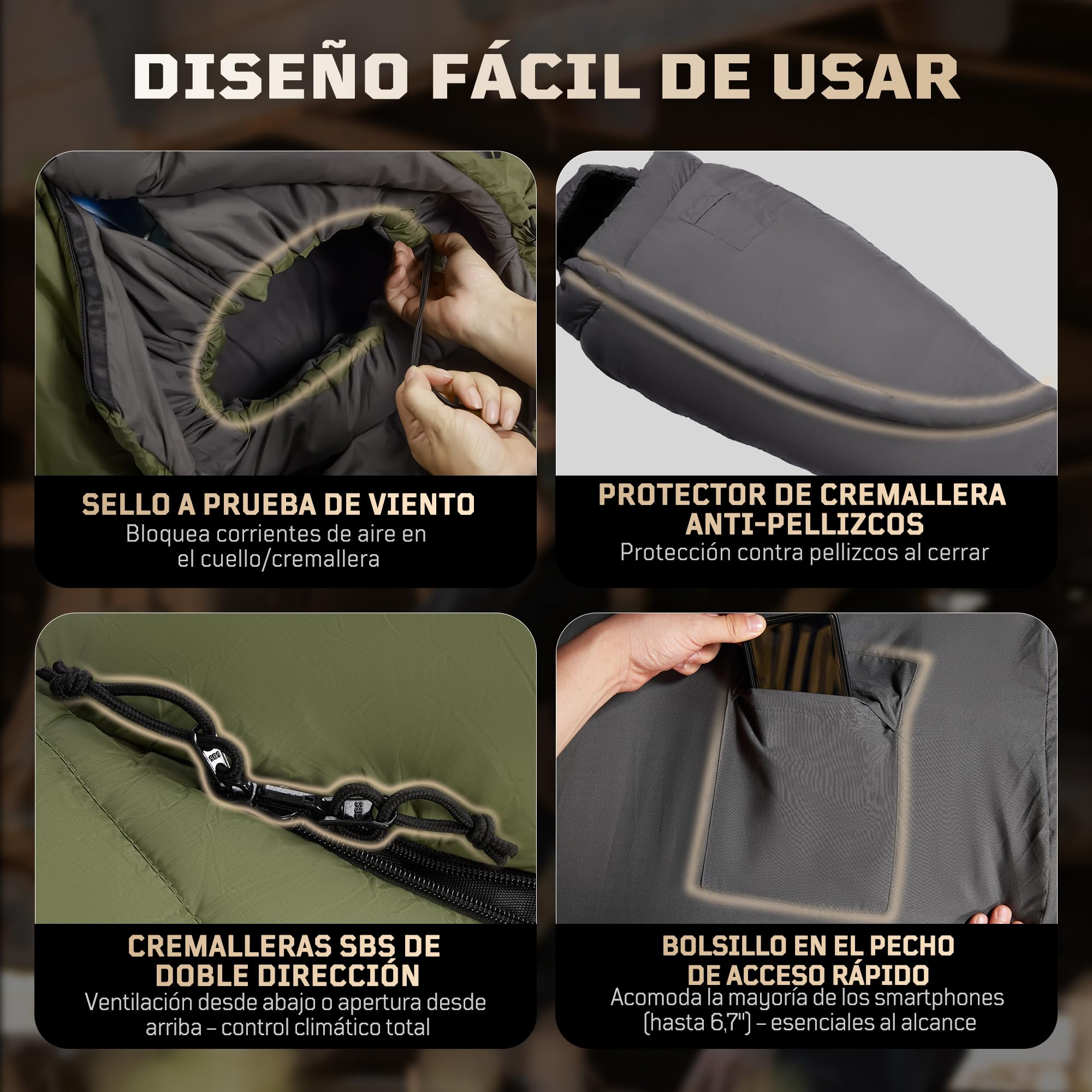 Saco de Dormir Momia 4 Estaciones Adulto 0-10°C | Ligero y Compacto (1,76 kg) | Impermeable, Hasta 185 cm | Camping, Trekking y Montaña