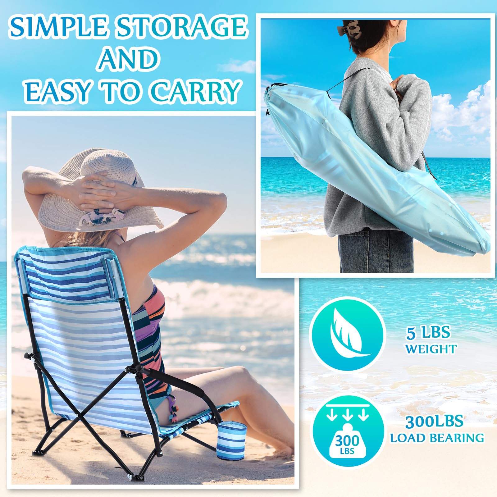 Menkxi 6 Pack Low Beach Chairs, Portable Lightweight Folding Chair for Adults, Low Seat Camping Chairs with Cup Holder, Carry Bag for Outdoor Beach Lawn Sand Picnic Travel(Low Back, Blue Strips)