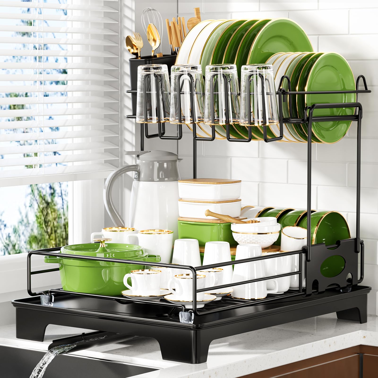 NIBSHOOM Escurreplatos Acero Inoxidable Cocina, Instalación sin Herramientas Escurridor de Platos de 2 Niveles con Función de Drenaje Automático Escurridor de Platos para Fregadero, Negro