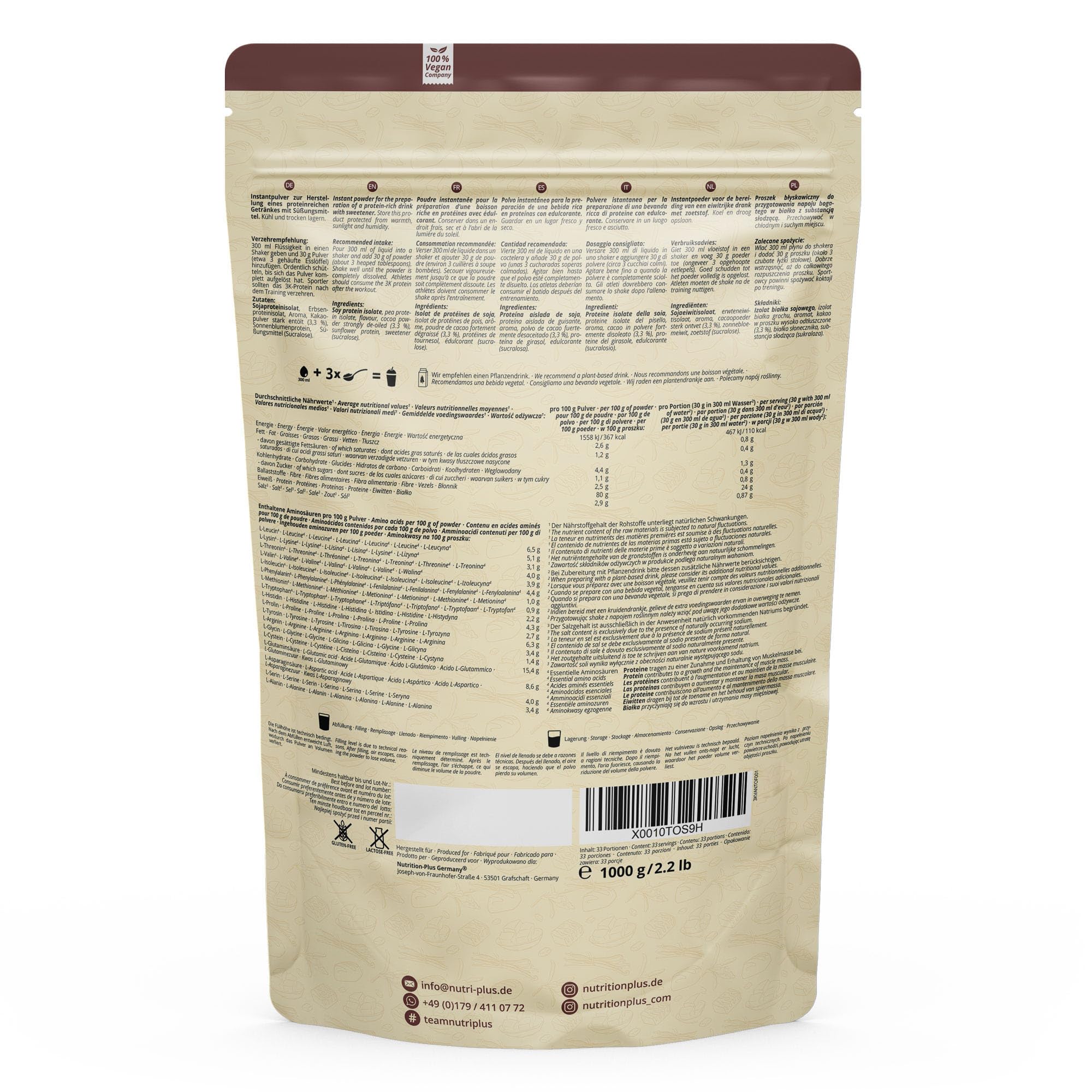 Nutri + Proteine Vegane in Polvere Vaniglia e Caramella Mou 1kg 80% di Proteina 3k a più Componenti Senza Lattosio Low Sugar 1000g