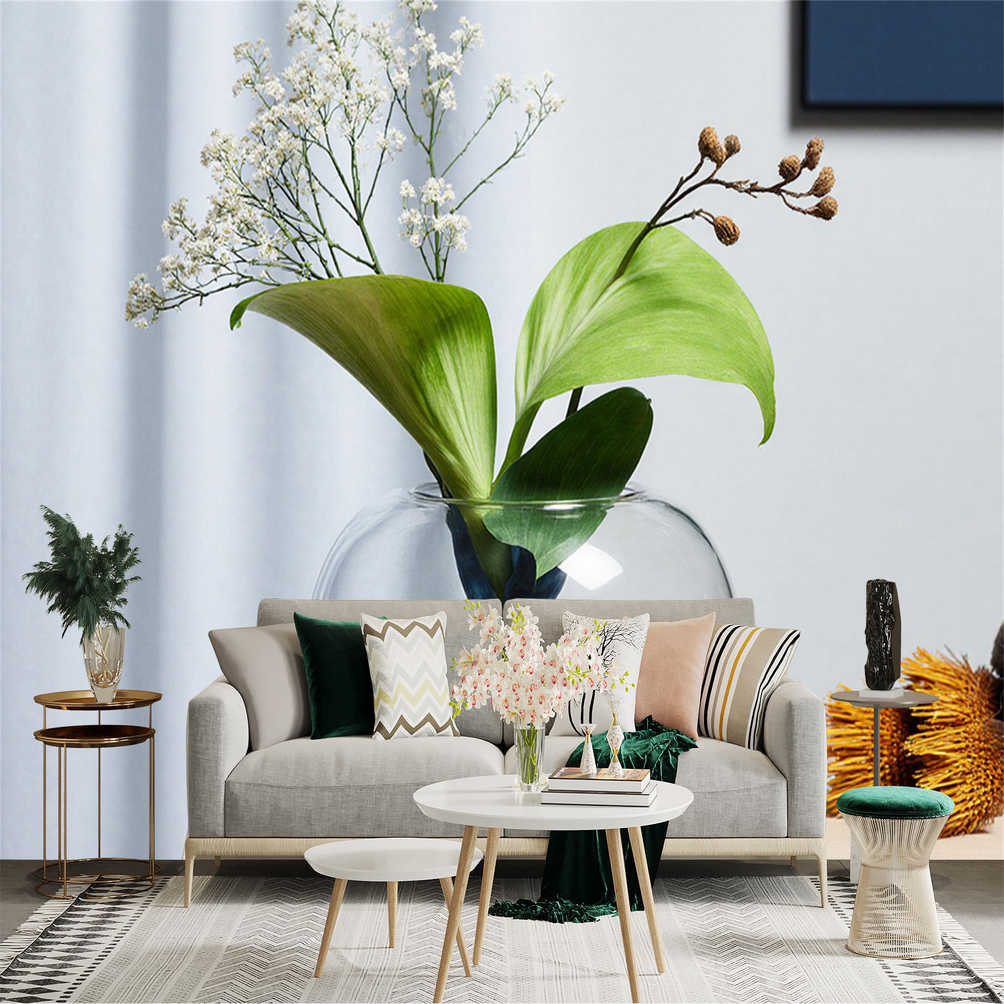 Custom Size Wall Sticker Mural， Elegant Clear Glass Vase with Fresh Green Leaves and White Floral Arrangement， for wall Decoration， peelandstick wall Decals.