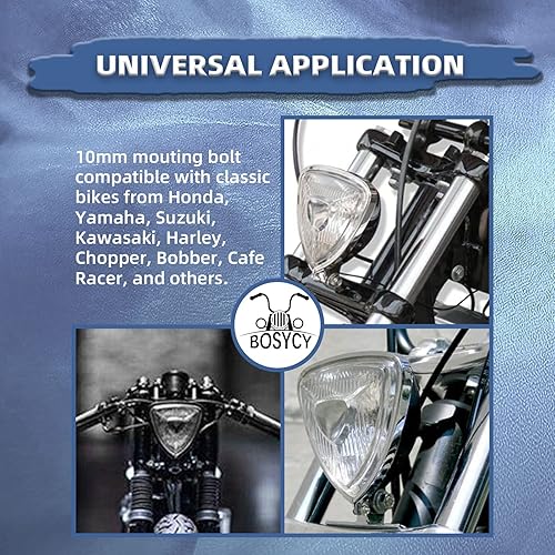 Miniatura 5 de Faro delantero vintage para motocicleta actualizado, lámpara de luz frontal personalizada de cromo con montaje inferior en forma de triángulo -