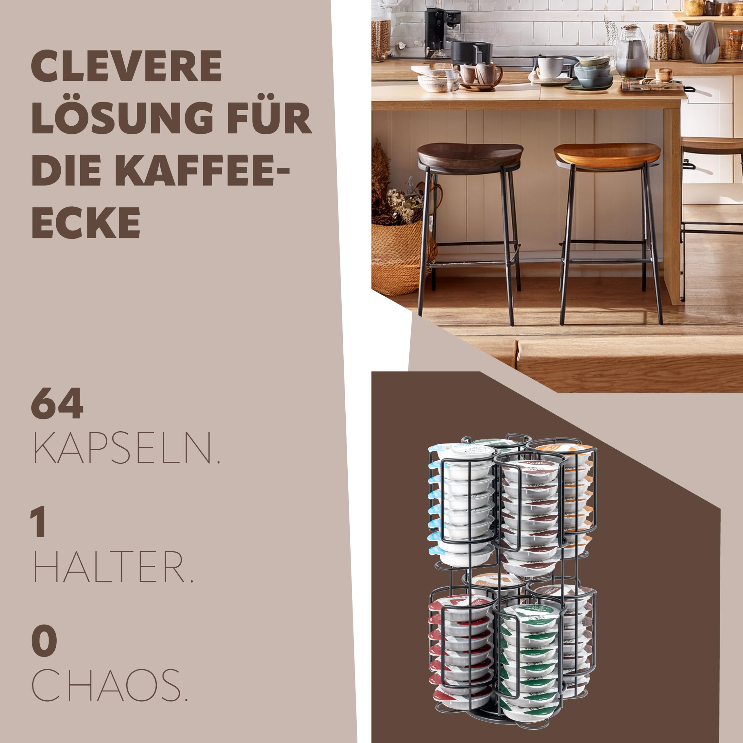 eluno Kapselständer, Kapselspender für bis zu 64 Tassimo-Kapseln, 360° drehbar, Kapselhalter, schwarz