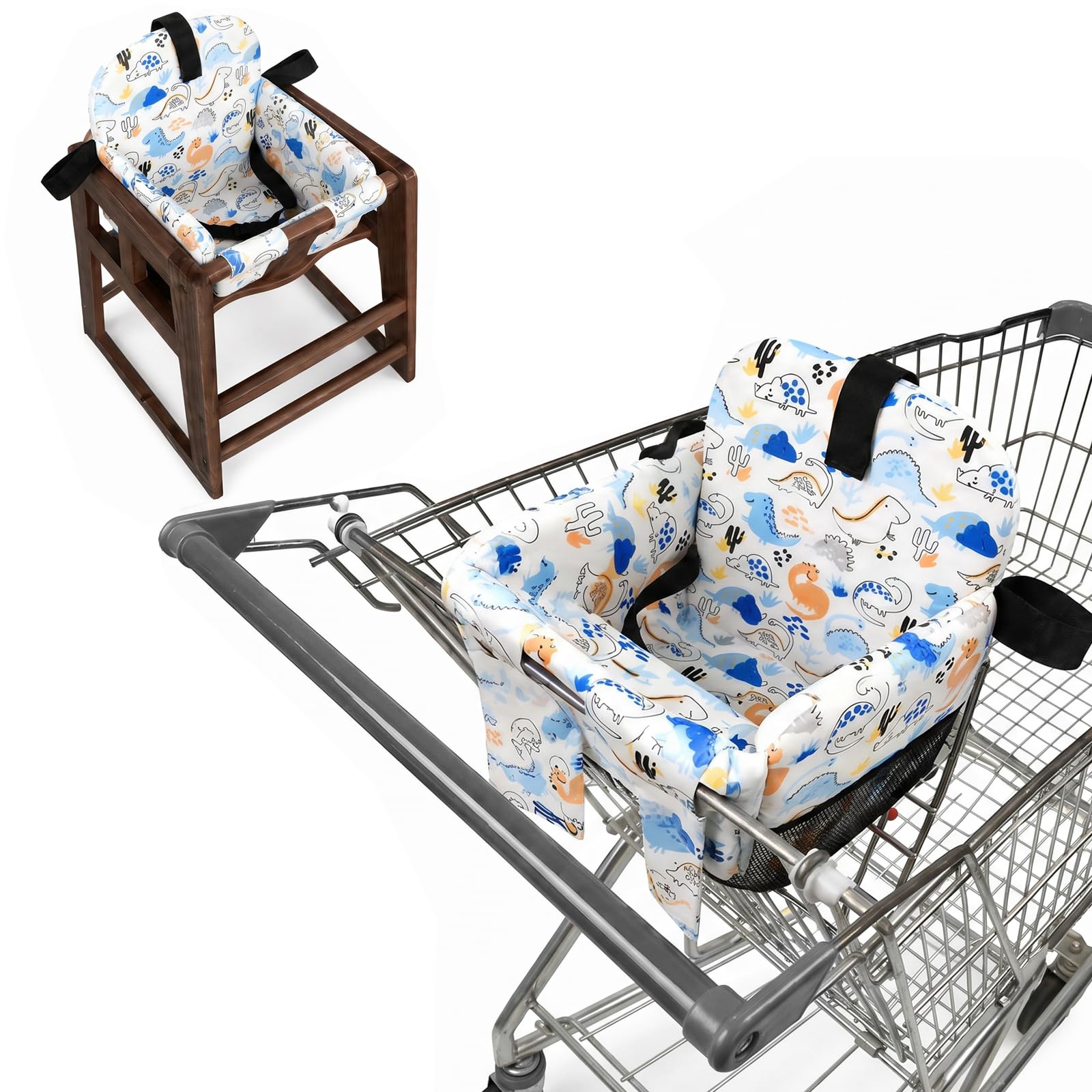 Bpyhebe 2 in 1 Baby Shopping Cart Cover High Chair Seat Cover, Padded Foldable Machine Washable Toddler Seat Cushion with Storage Pockets for 1-4 Years(Blue Dinosaur)
