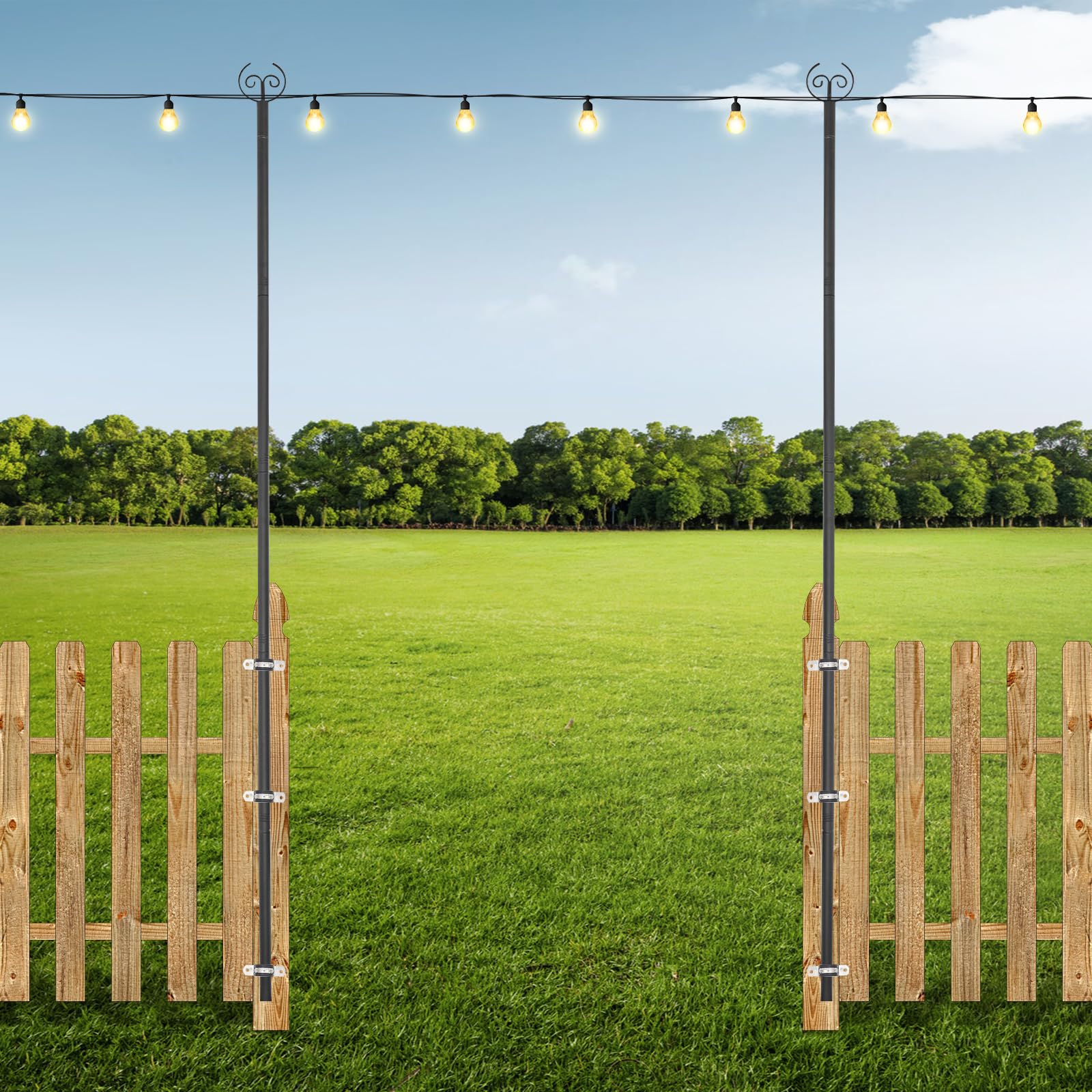 Set di 2 supporti per catena luminosa, 3 m, per esterni, supporto per illuminazione regolabile con doppio gancio, montaggio a pavimento e recinzione, per giardino, terrazza, feste, asta in metallo