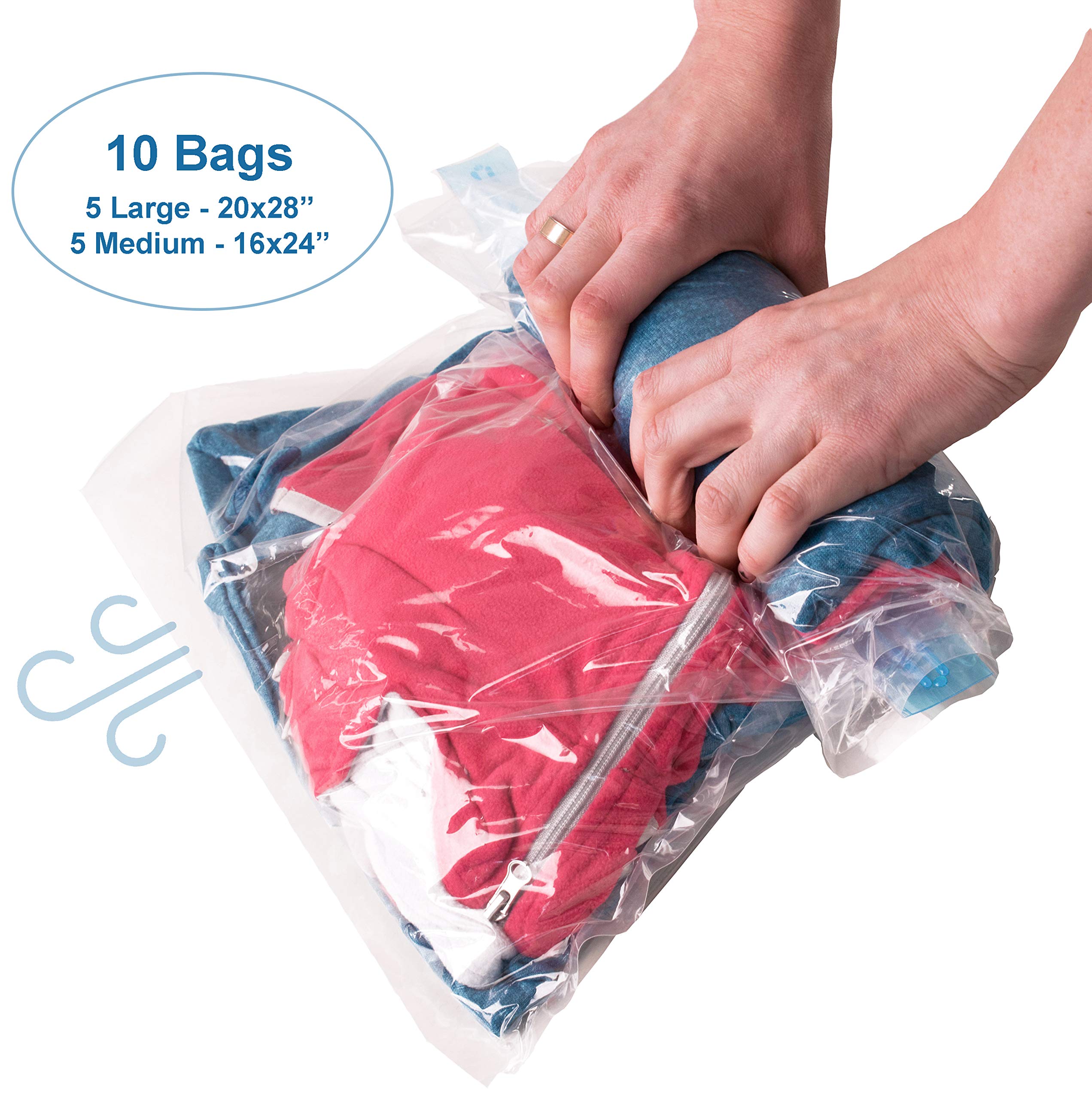 Travel Compression Bags. Vacuum Storage Bags For Clothes. Double Zip Seal. No Pump Needed. Perfect Luggage Organizer. Set Of 10 Space Bags (5 Medium, 5 Large)