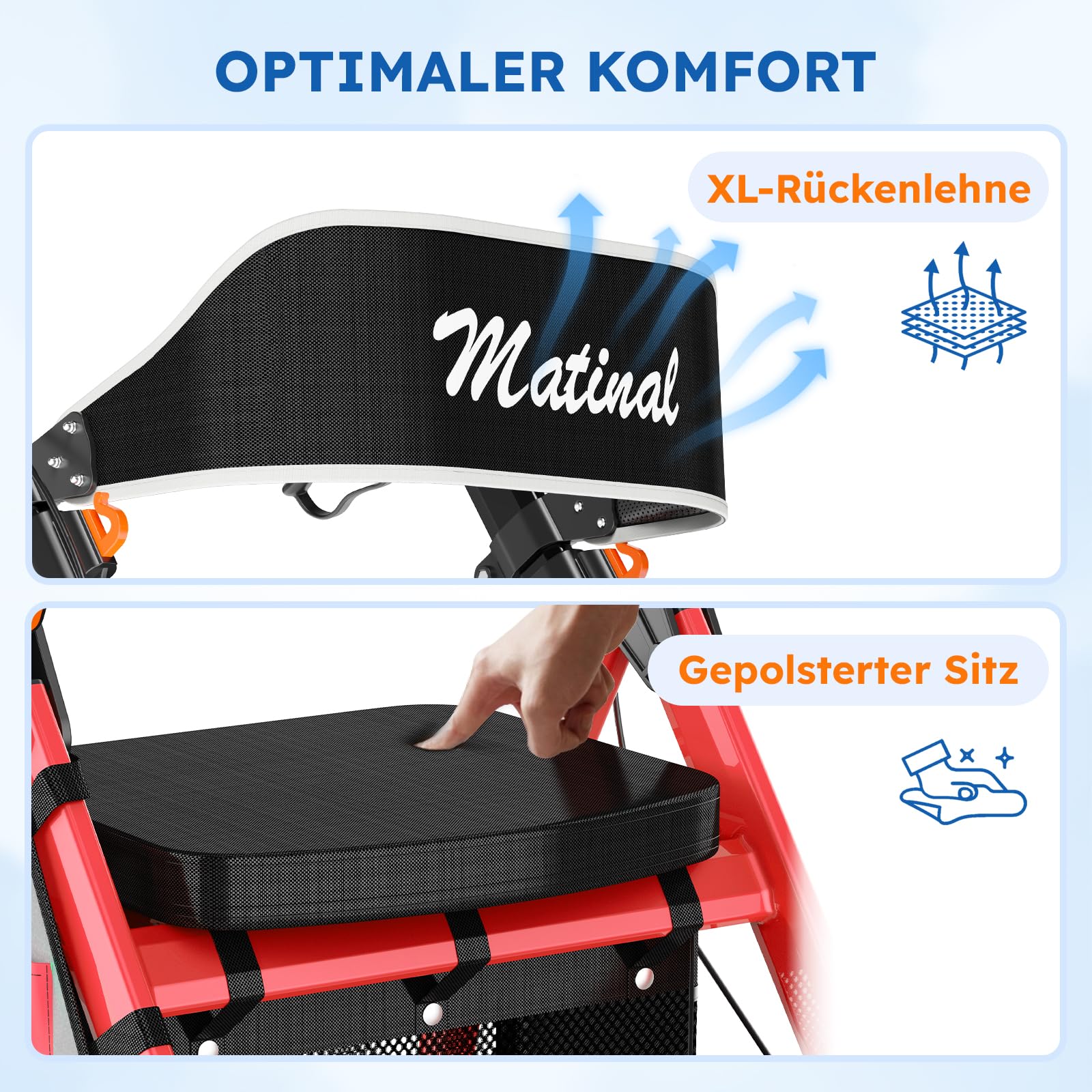 Faltbarer Rollator für Senioren Outdoor, Tragkraft bis 200kg, Rot | 20cm Gummireifen für jedes Gelände, Rollator für den Außenbereich aus Aluminiumlegierung mit breitem, höhenverstellbarem Sitz