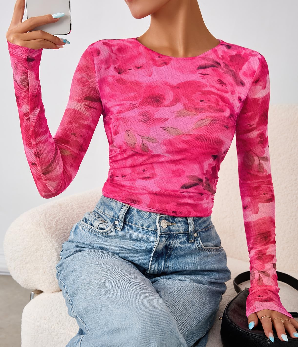 ZESICA Womens 2026 Spring Floral Mesh Going Out Tops Long Sleeve Crewneck Slim Fit Ruched Y2k Shirt Beach Vacation Outfit - Image 3