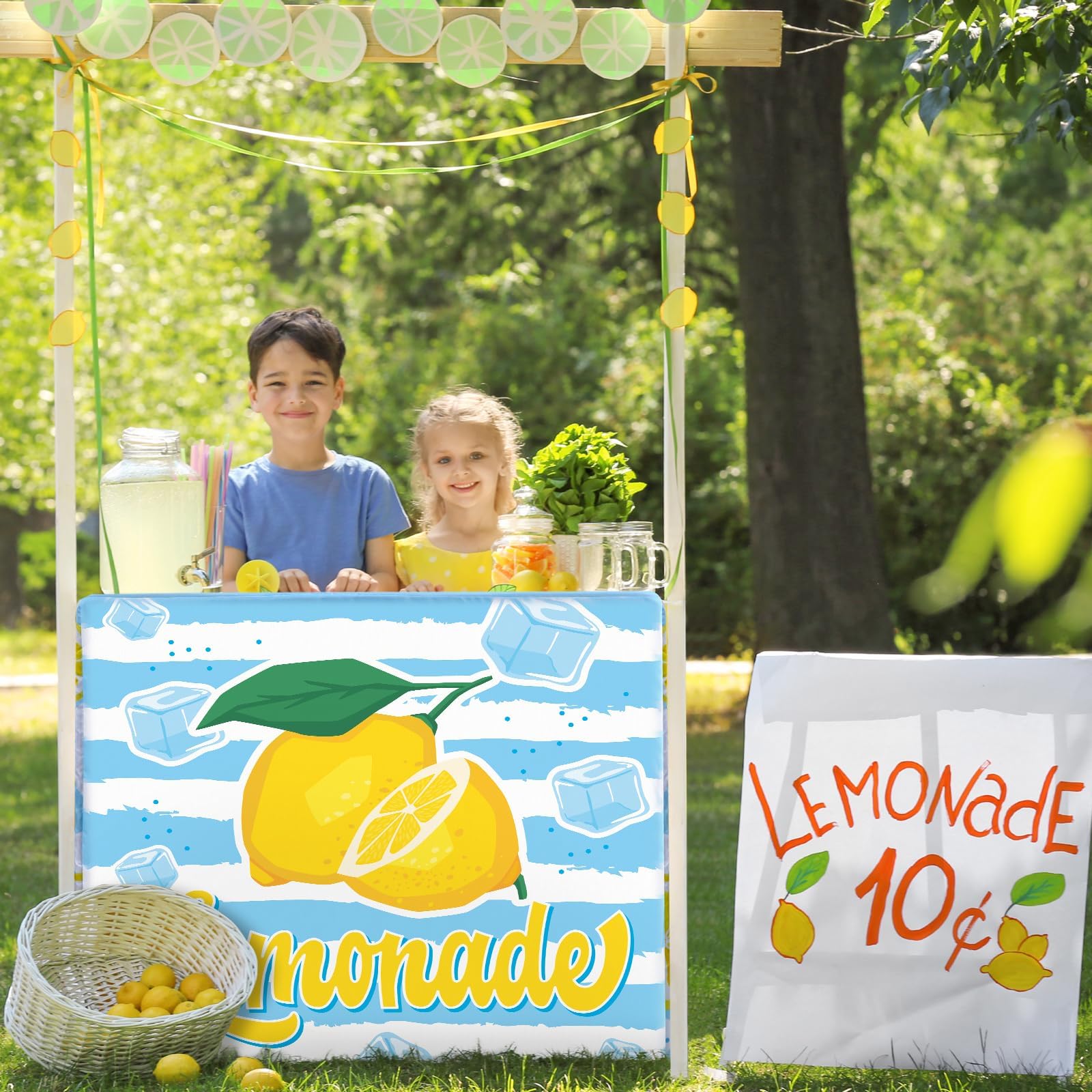 Yiaoyinnz Lemonade Stand Kit for Lemonade Stand Supplies Lemonade Tablecloth Lemonade Table Cover Outdoor Yellow Lemon Business Sign for Folding Card Table Summer Beach Picnic Birthday Party Decor - Image 7
