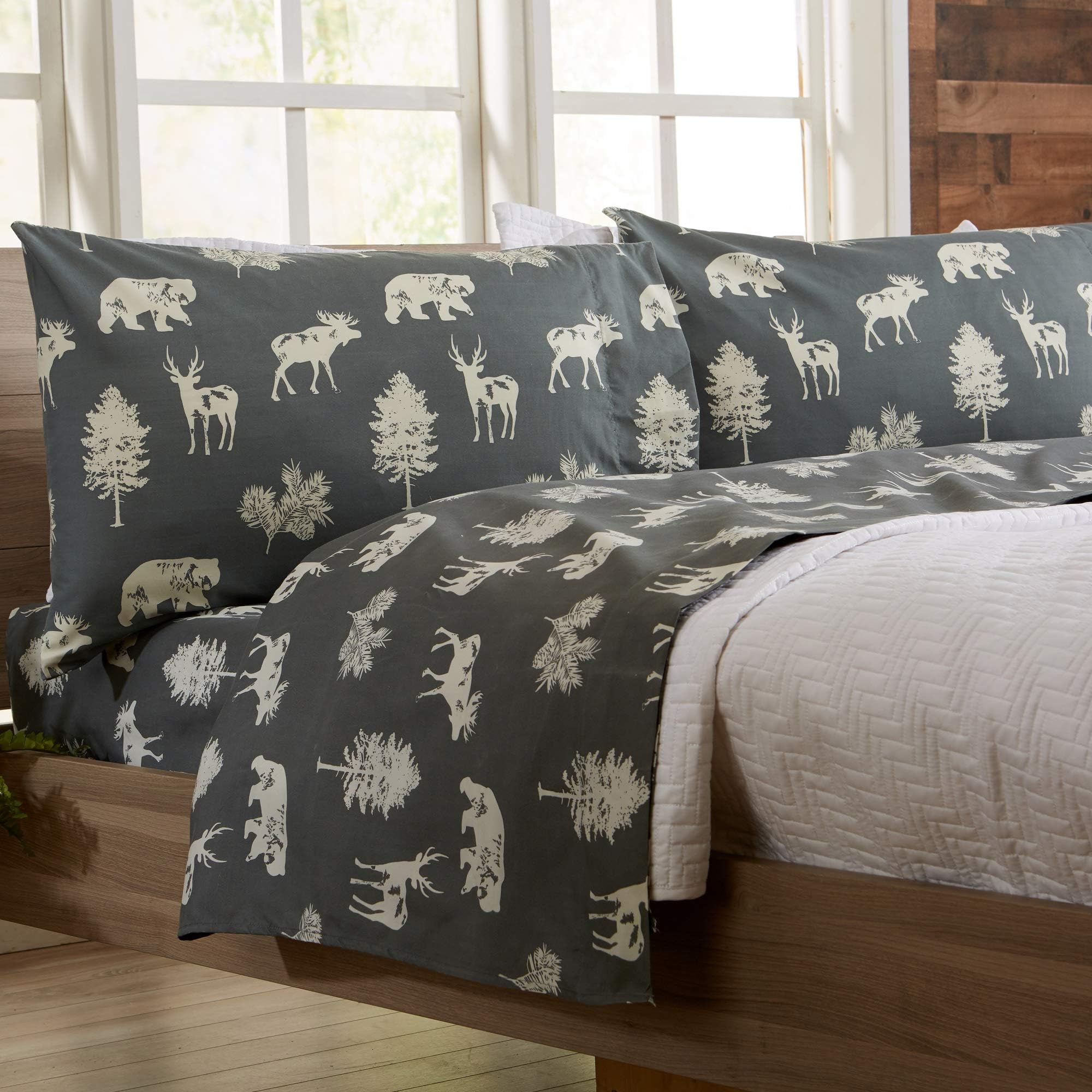4-Piece Queen Microfiber Sheet Set | Lodge-Printed, Ultra-Soft Sheets | Wrinkle & Fade-Resistant Patterns Drawn from Nature | All-Season Bedding Sheets & Pillowcases. (Queen, Forest Animal-Dark Grey)