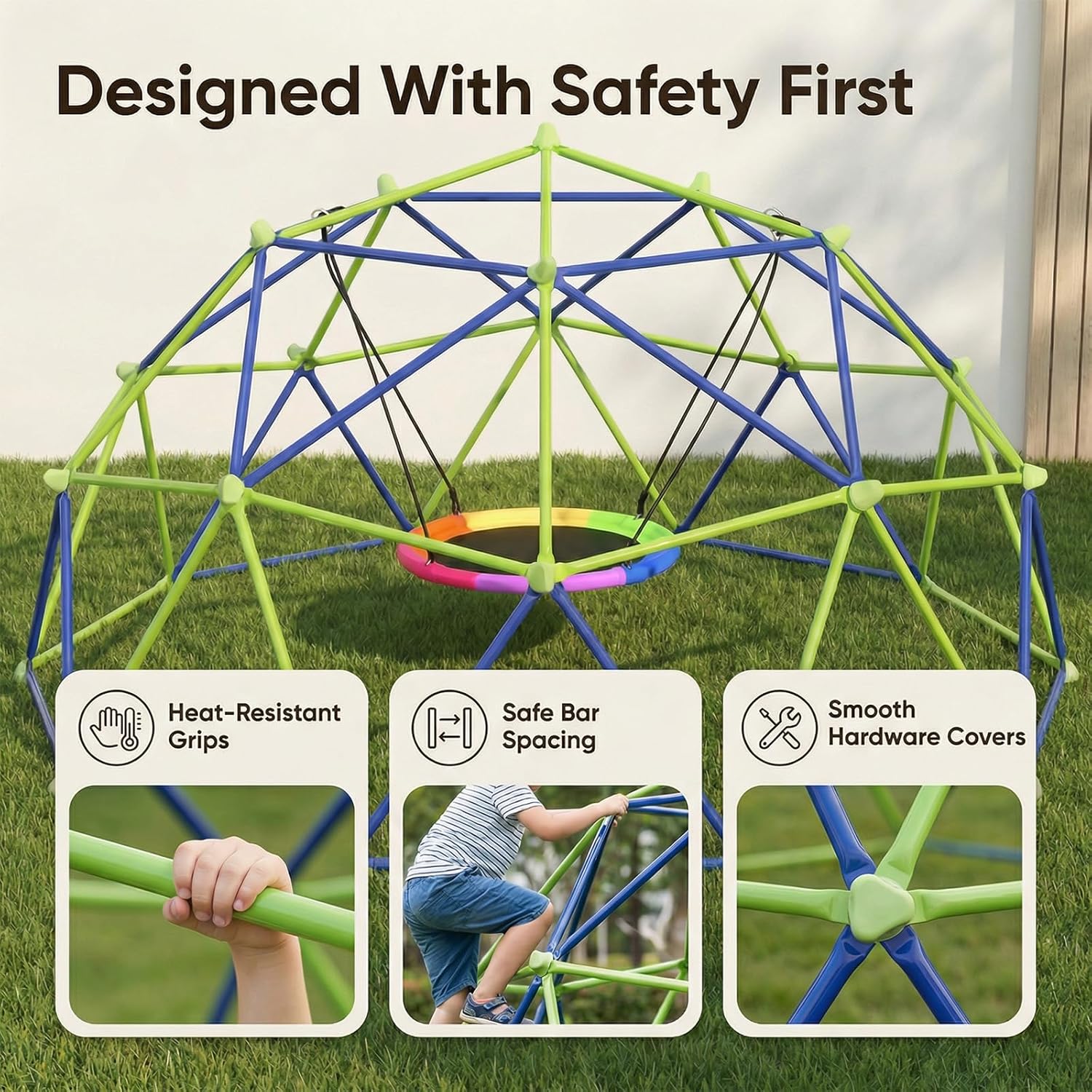 10ft Climbing Dome Swing Set Combo, Jungle Gym with Saucer Swing for Kids Outdoor Backyard, Heavy-Duty 1000 lbs Capacity Rust-Resistant Playset, Easy Assembly, Blue & Green