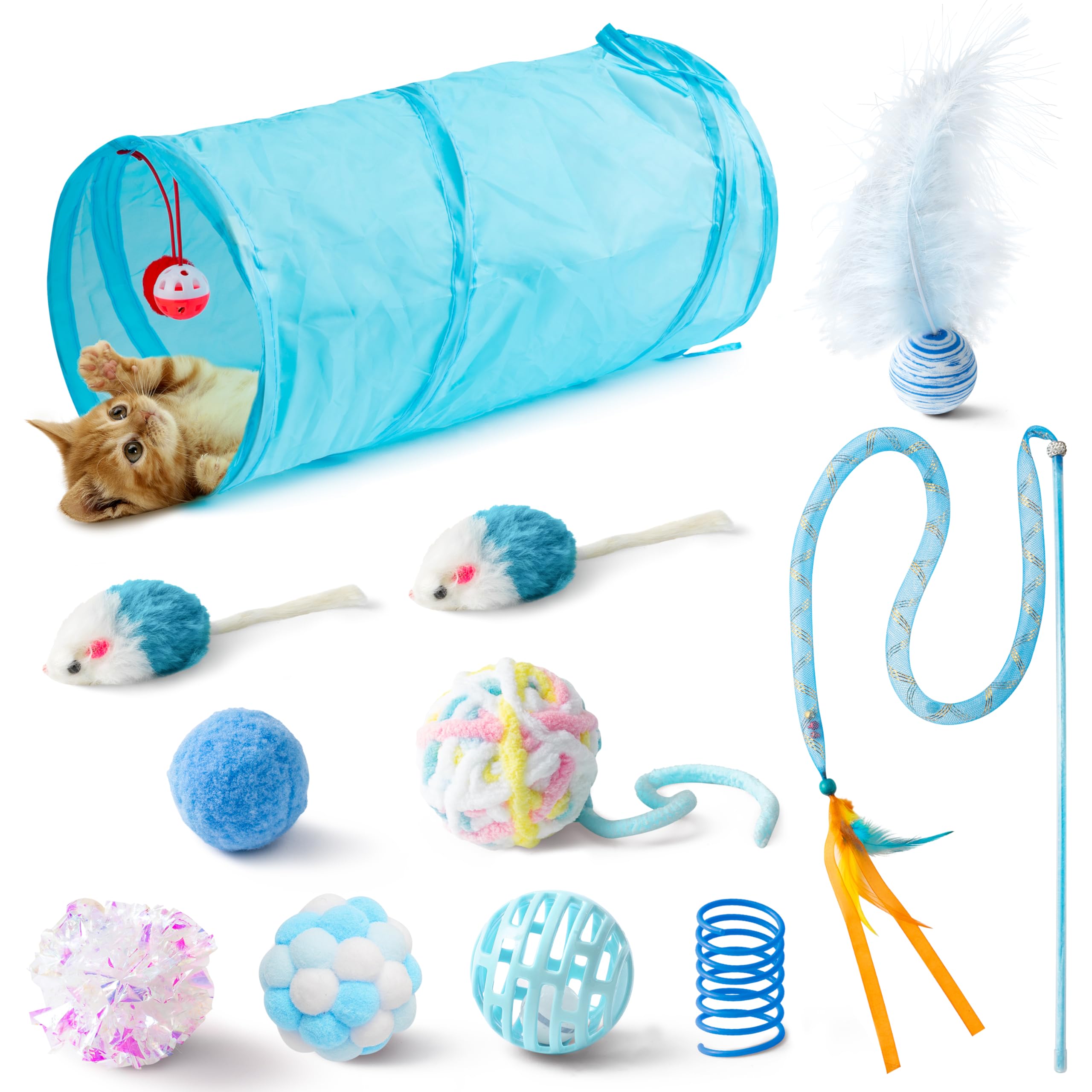 MALLMALL6 11Pc Cat Toy Set - Interactive Pack with Foldable Tunnel, Feather Teaser Wand, Springs, Mice, Crinkle Balls & Pet Bell Balls - Puzzle Toys
